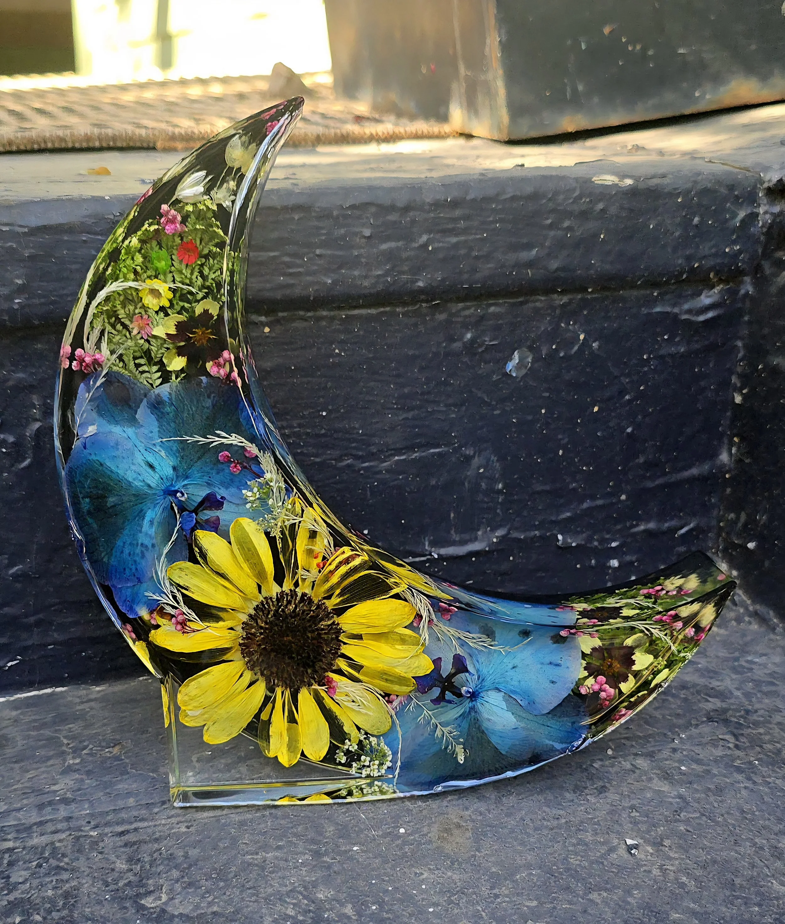 7" Wide 9" Tall Orchid & Sunflower Crescent Moon Decor
