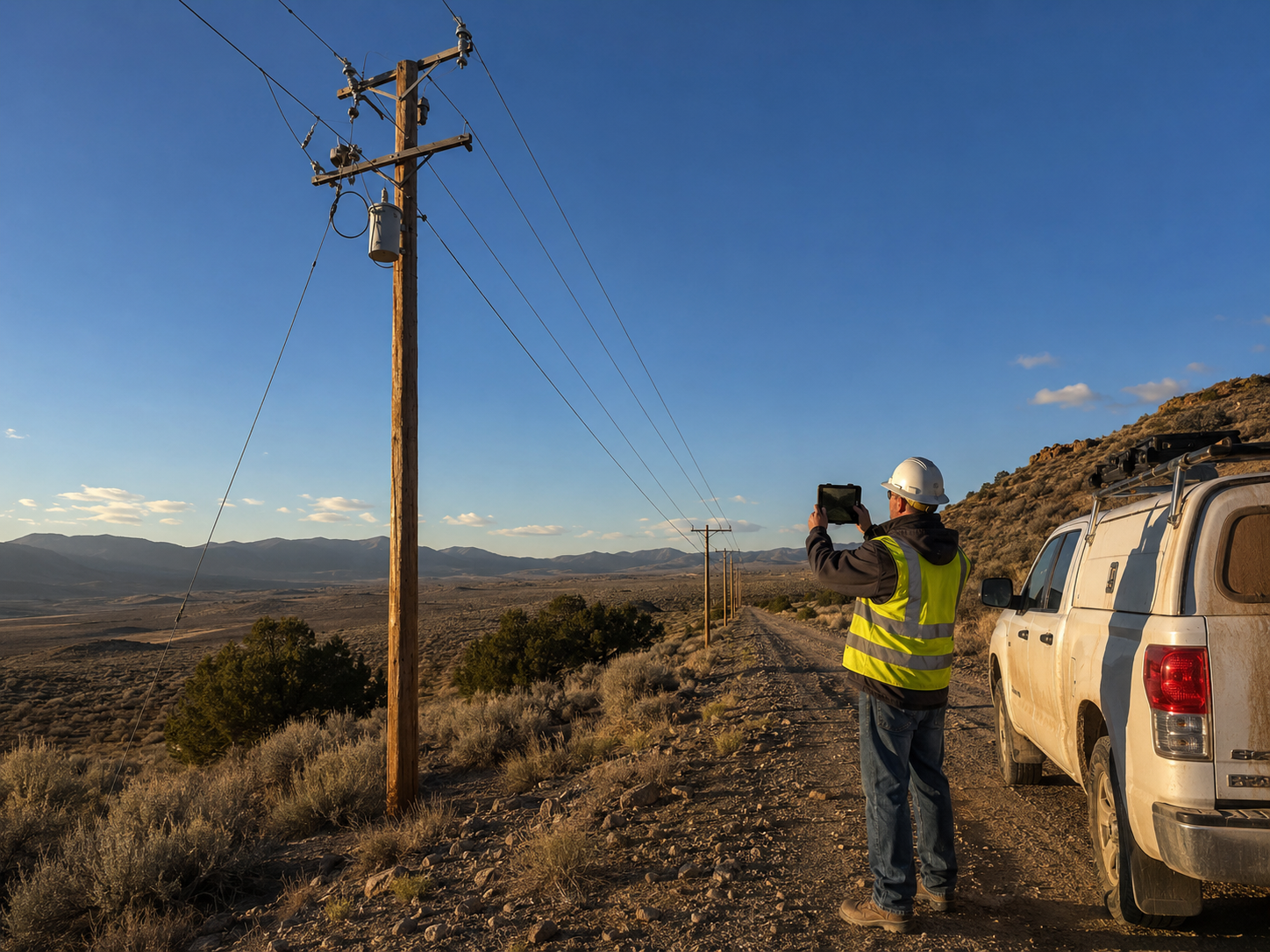 Images of a lineman inspecting a powerline