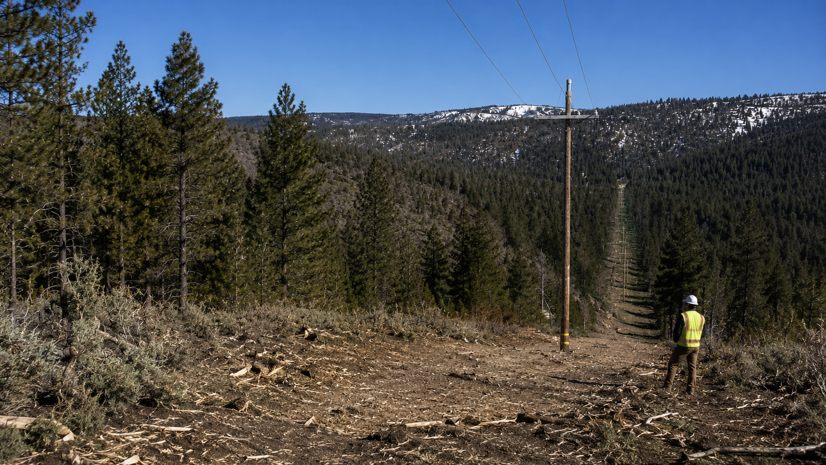 Image of long expanse of land cleared under powerlines is a forested mountain area