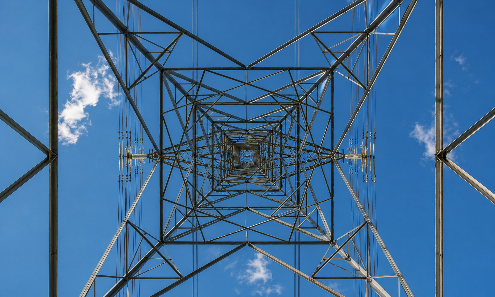 Image from the ground looking directly up through the center of a power tower