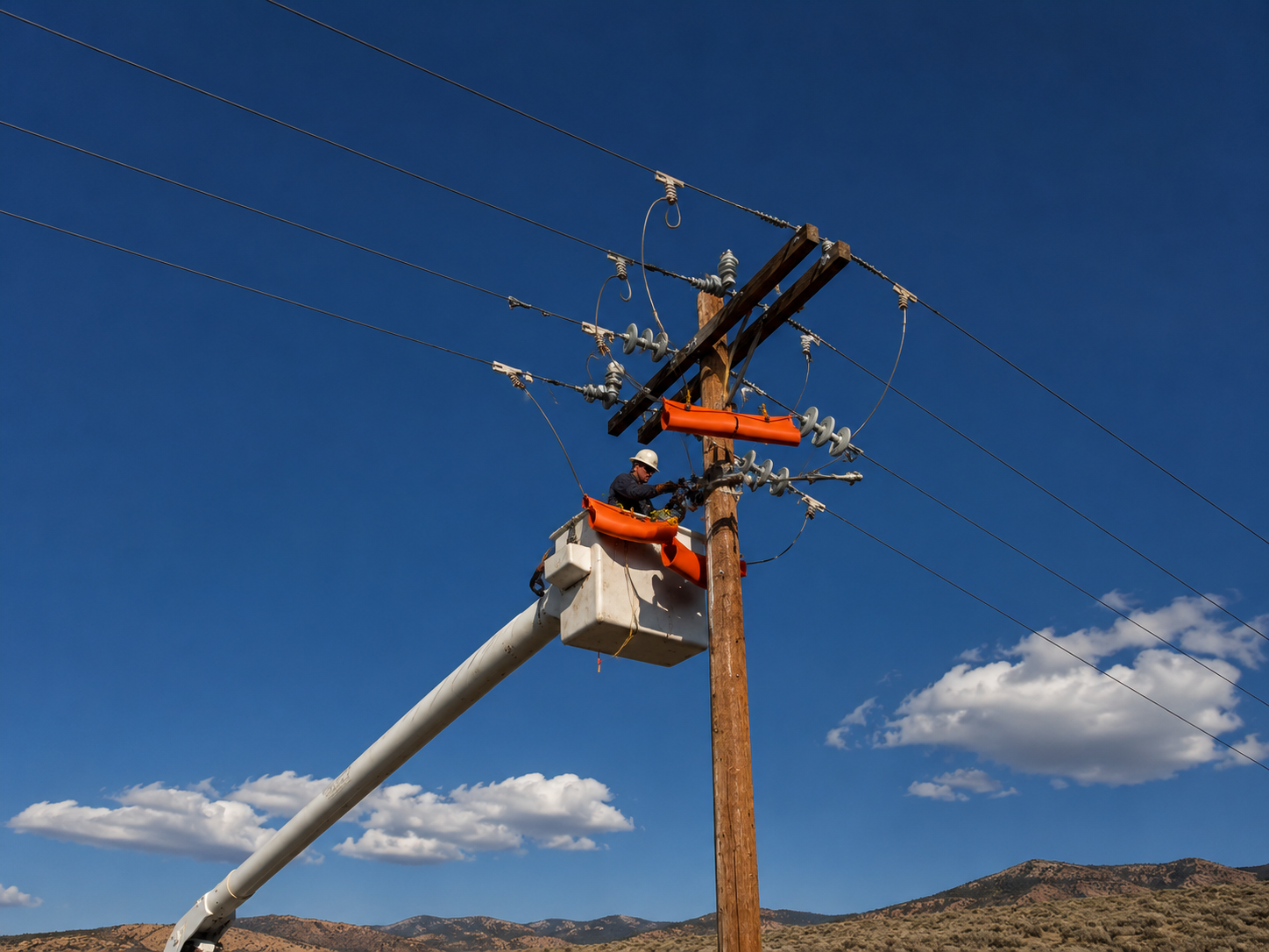 Image of lineman installing overhead distribution power lines