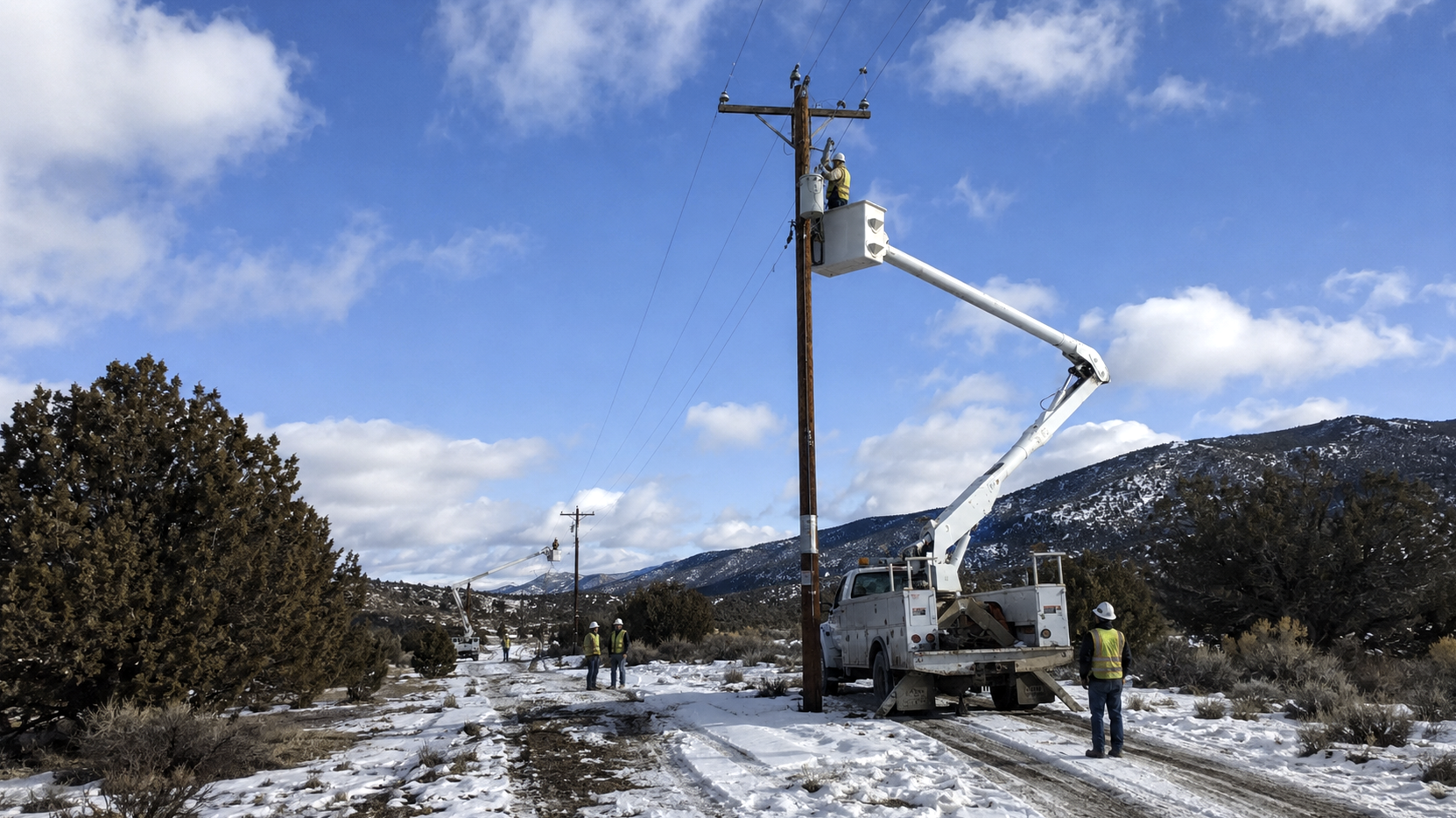 Photo of a team of linemen working on a powerline in a remote snowy mountain area