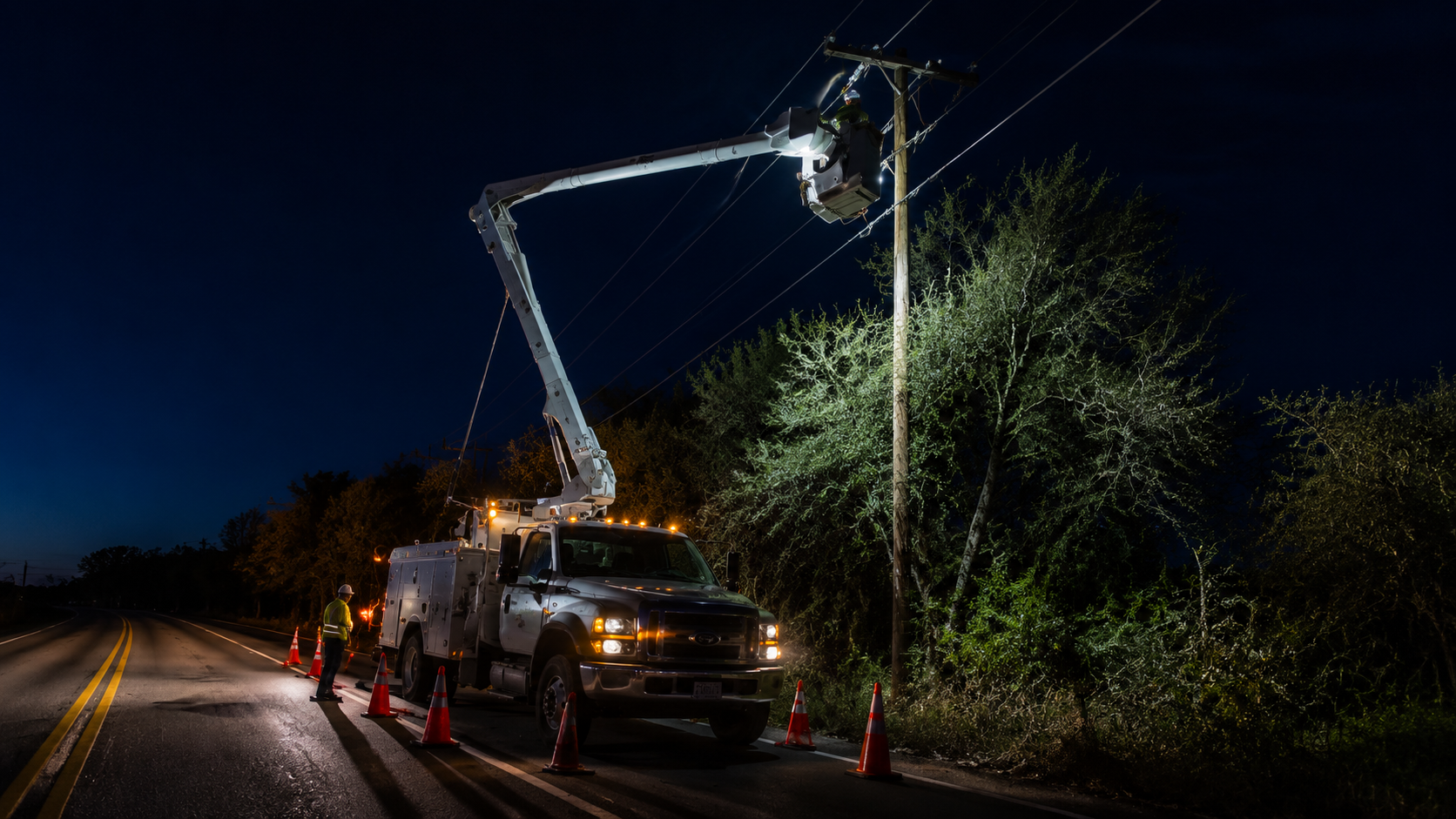 Worker in safety gear repairing power lines on a utility pole at night, using a bucket truck on a dark, deserted road.
