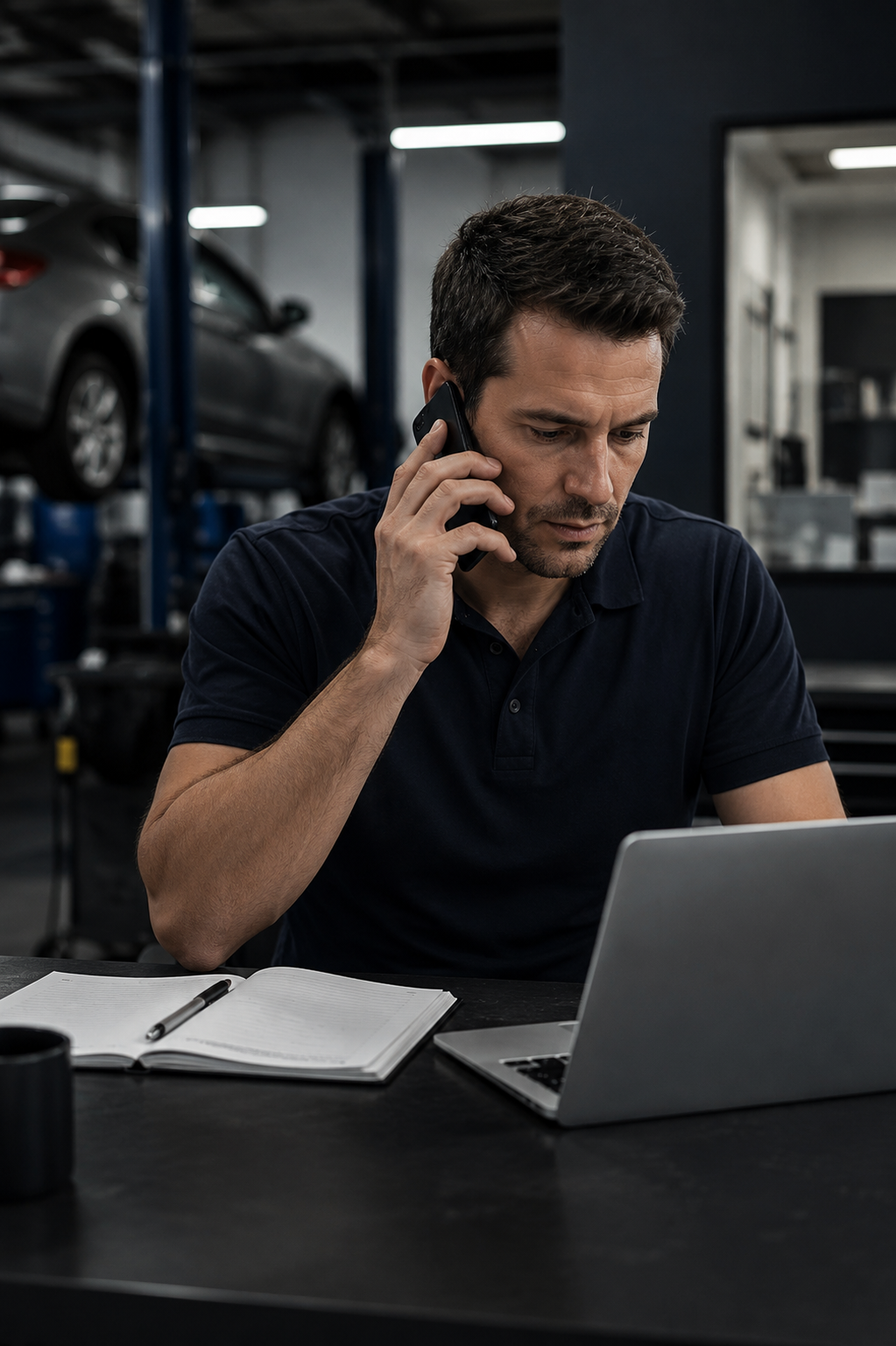 A man at a desk in an auto repair shop, talking on the phone with an open notebook, pen, and laptop in front of him.