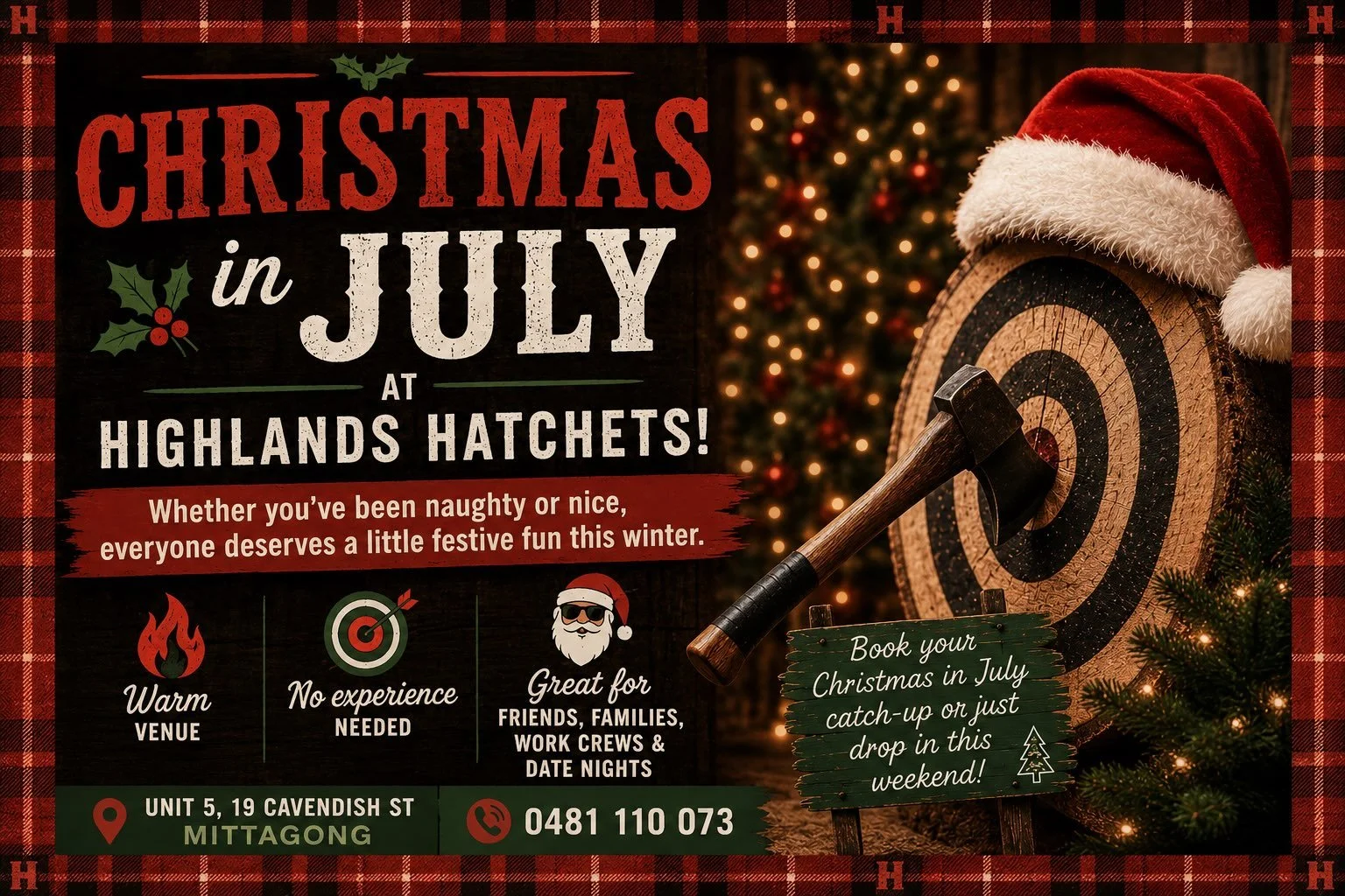For a fun way to stay warm this weekend, come throw axes with us!
We are fully booked Saturday morning but head down from 1pm onwards!! 
#christmasinjuly #southernhighlandsnsw #axethrowingfun #weekendideas #mittagong