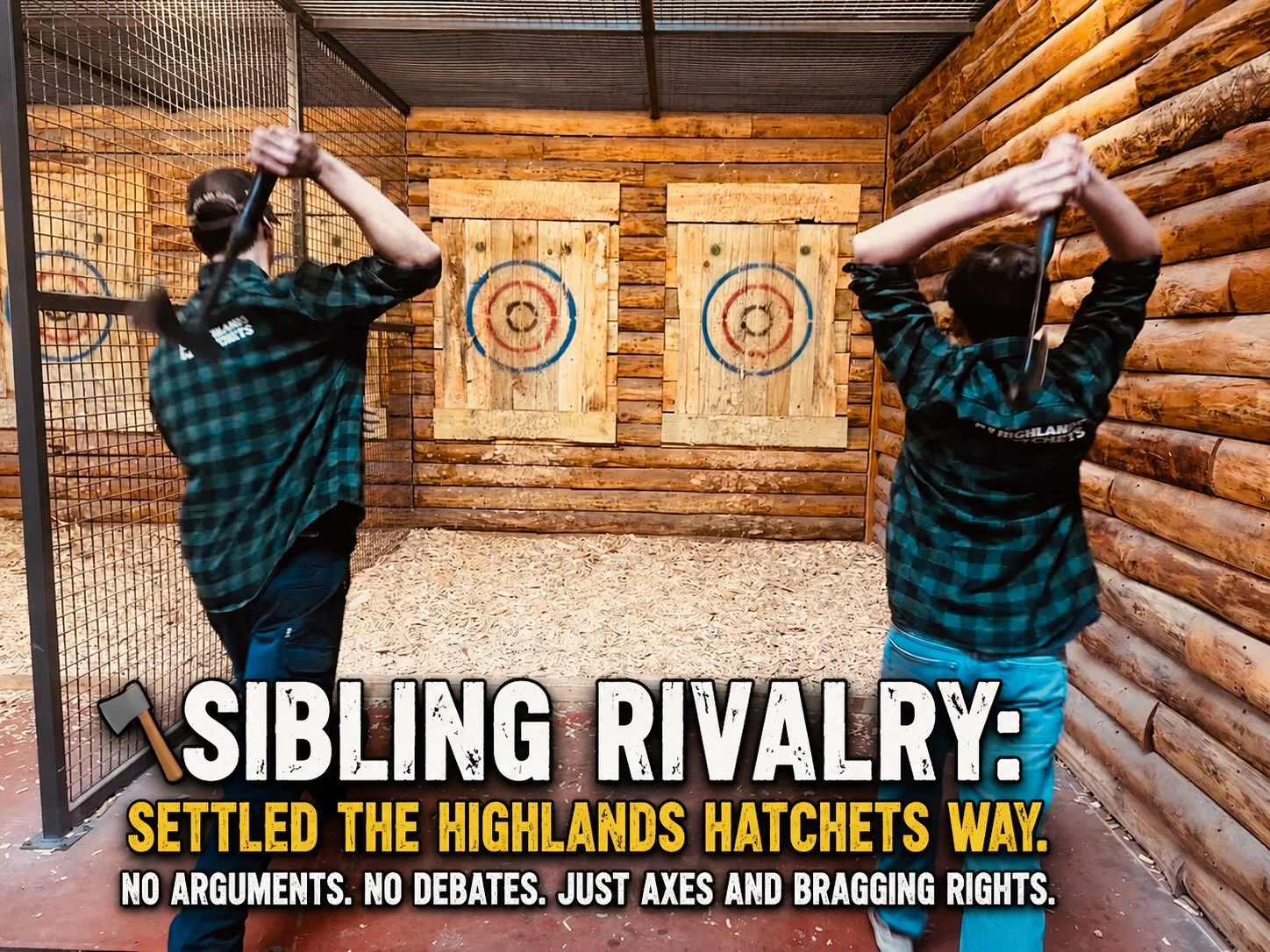 Think you&rsquo;ve got what it takes to beat your brother or sister? Grab your sibling, step up to the lane, and settle it once and for all at Highlands Hatchets! 🎯 don&rsquo;t forget we&rsquo;re open on weekends for walk-ins 12-5pm otherwise head t