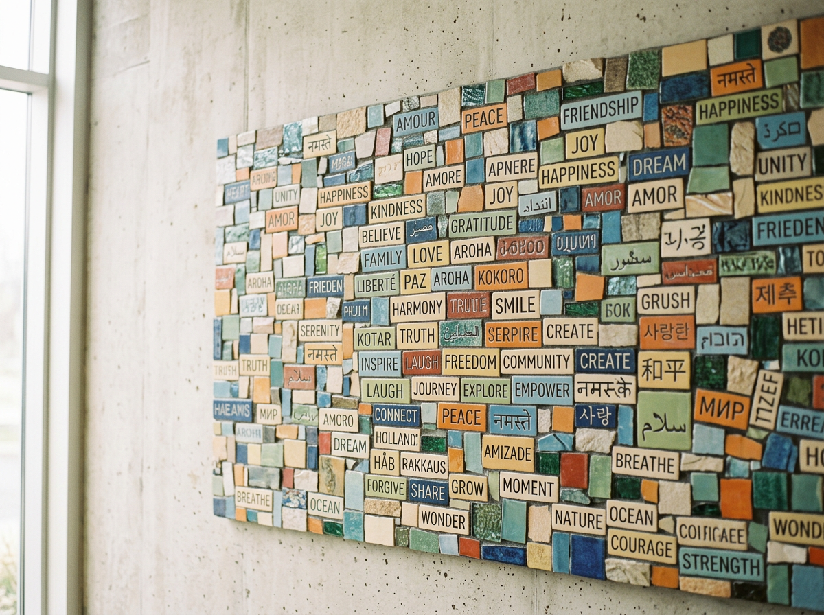 Colorful mosaic wall with tiles displaying words related to peace, love, happiness, and unity in various languages