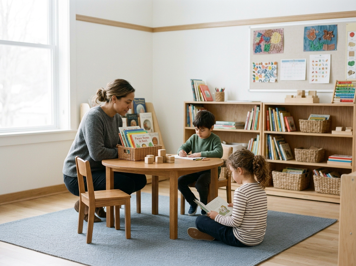 A teacher reading to two children in a classroom with bookshelves and educational materials.