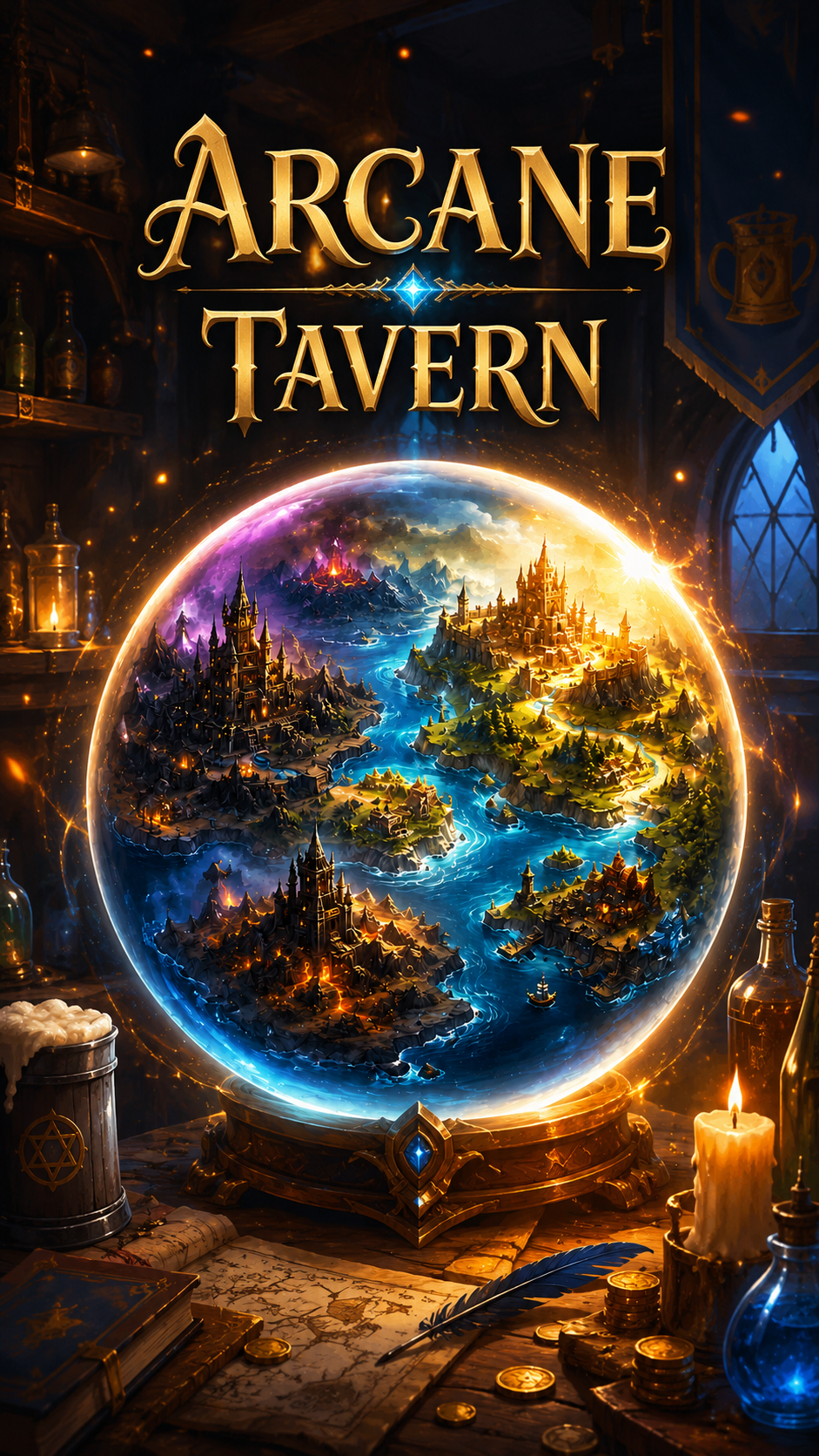Arcane Tavern world poster showing Eldoria inside an enchanted crystal globe.