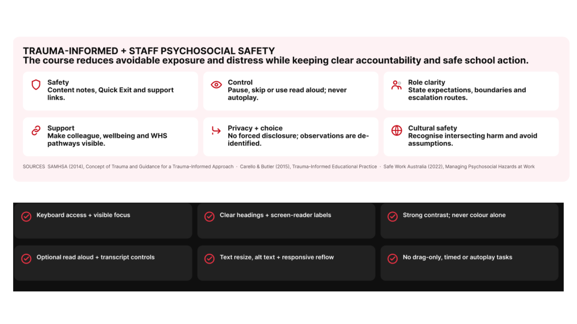 Trauma-informed, psychosocial-safety and accessibility requirements including learner control, role clarity, privacy, cultural safety, keyboard access, screen-reader support, contrast, read aloud, alt text and responsive interaction.