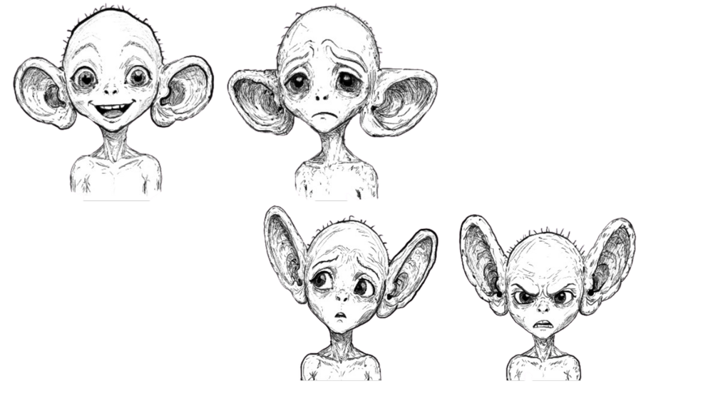 Close-up drawing of Glorb looking upward.