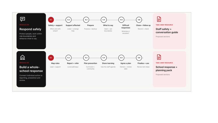 Walkthrough of the later modules in the five-module professional-learning course.