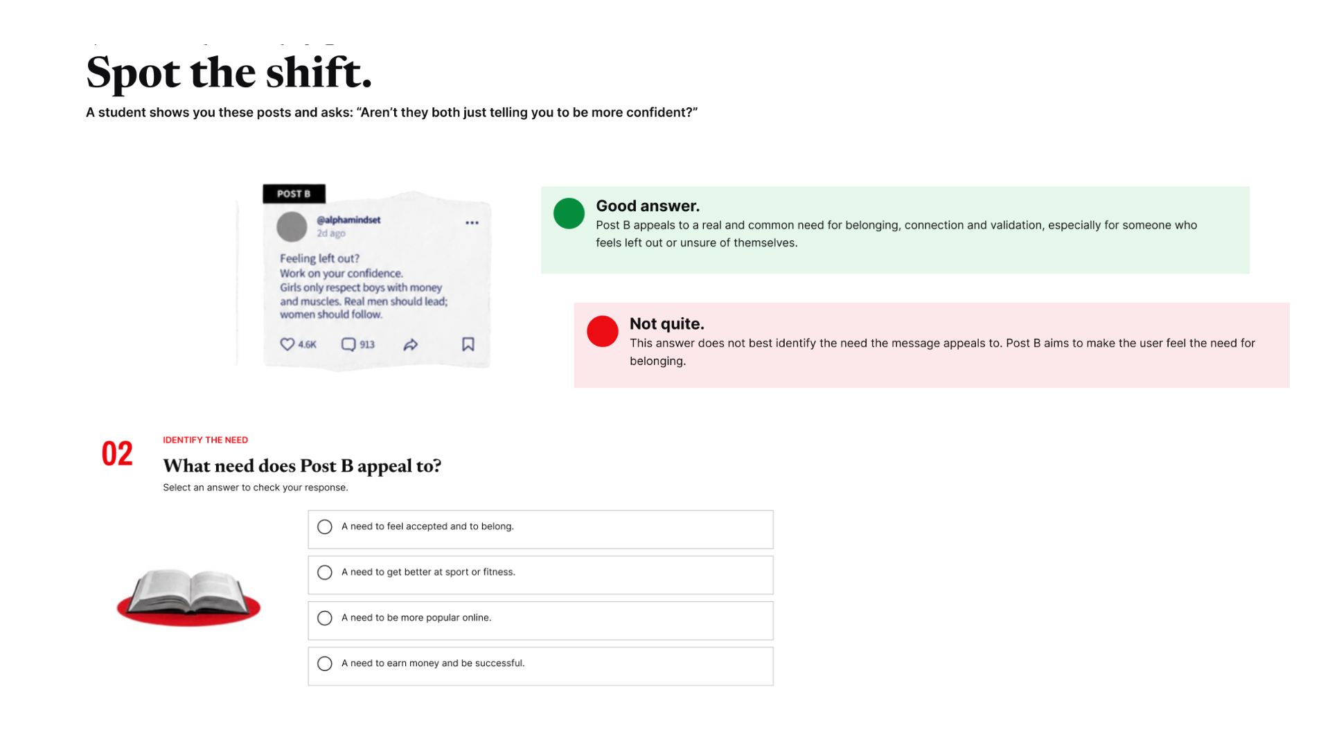 Spot the Shift question two asking learners to identify the legitimate underlying need the harmful message appeals to.