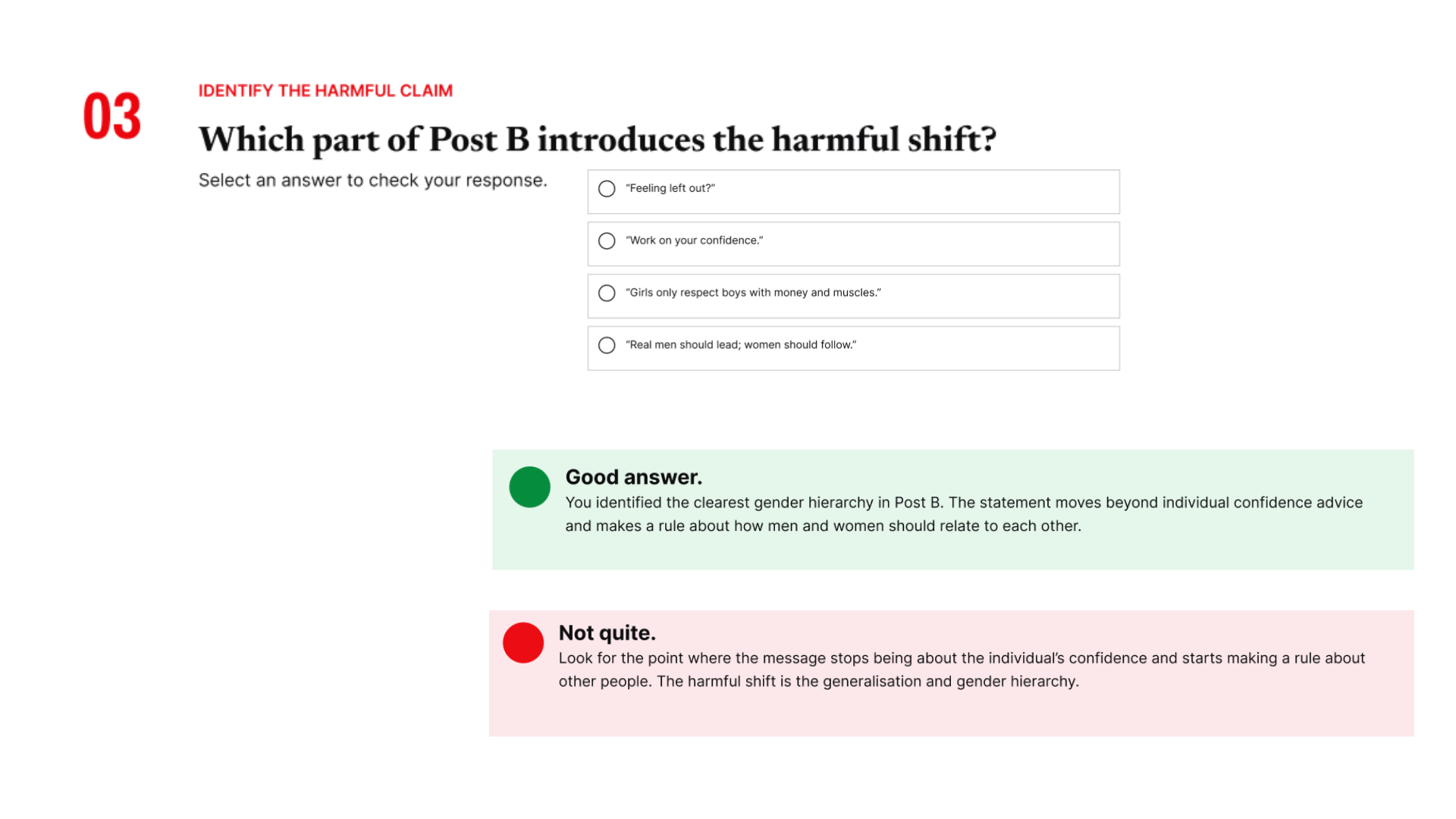 Close-up of Spot the Shift feedback explaining why a response is appropriate and what distinction the learner should attend to.