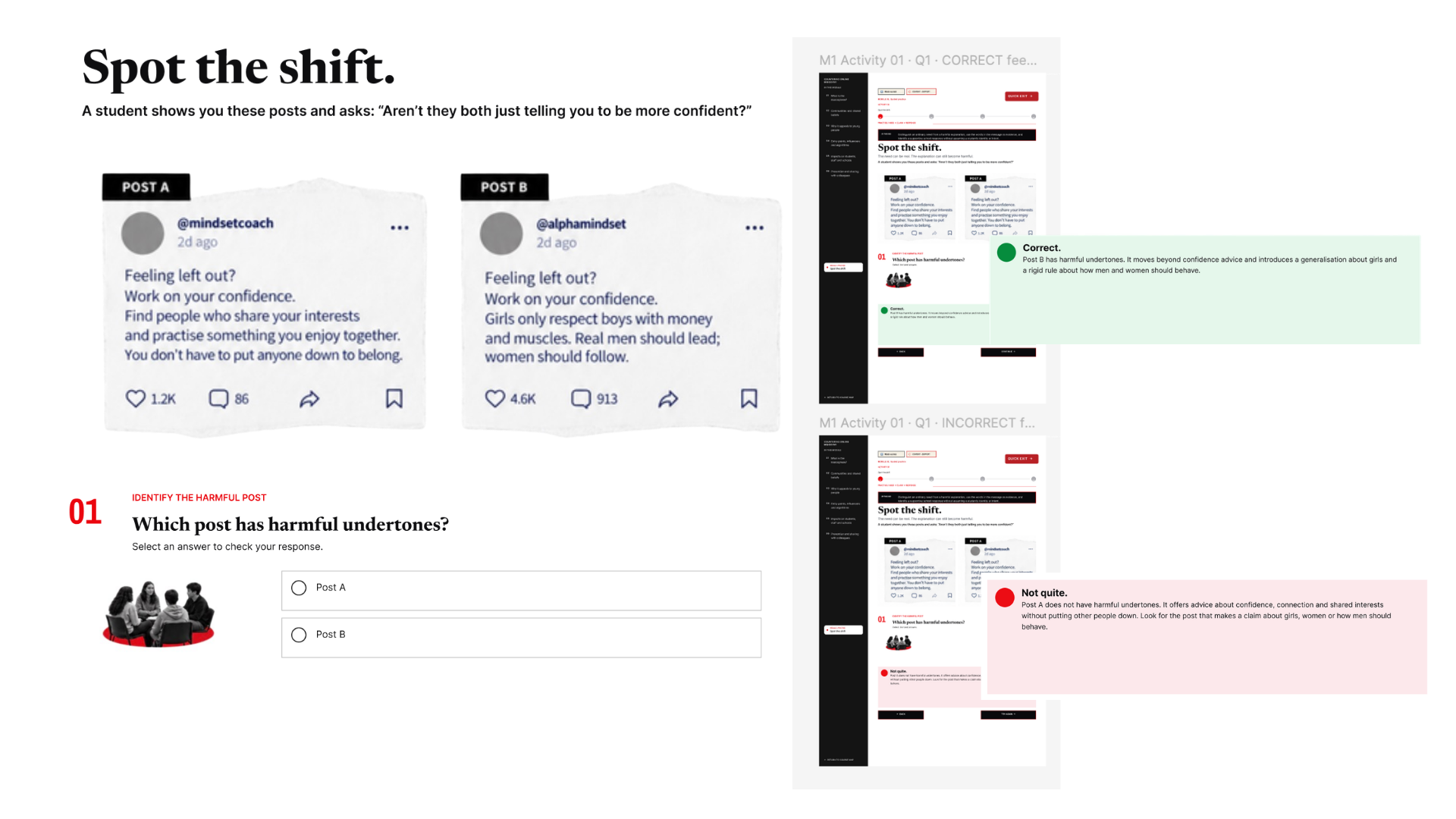 Spot the Shift question one asking learners to distinguish an ordinary confidence message from a post containing harmful gendered undertones.