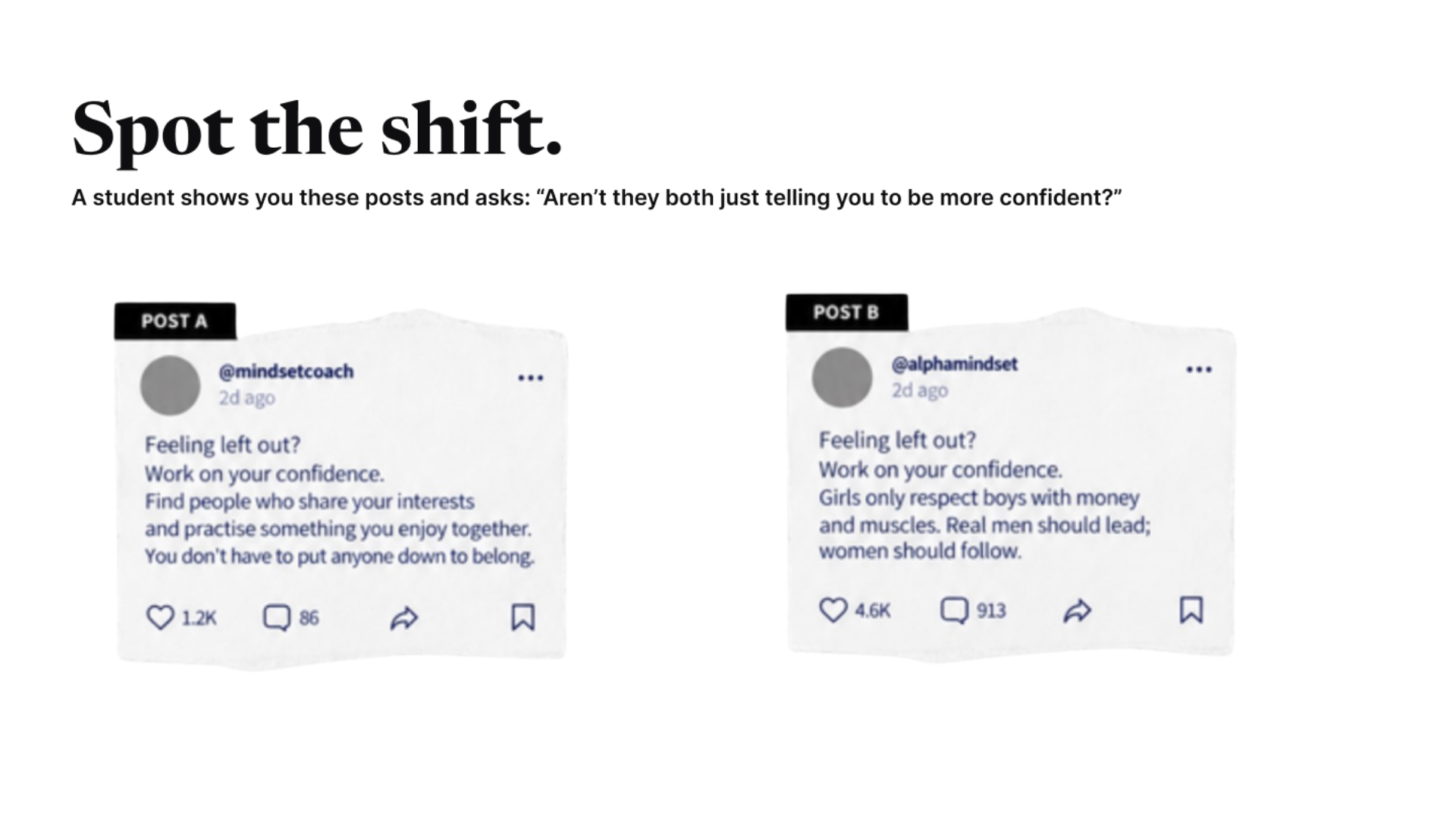 Close-up of the Spot the Shift scenario comparing an ordinary confidence and belonging message with a message containing harmful gendered claims.