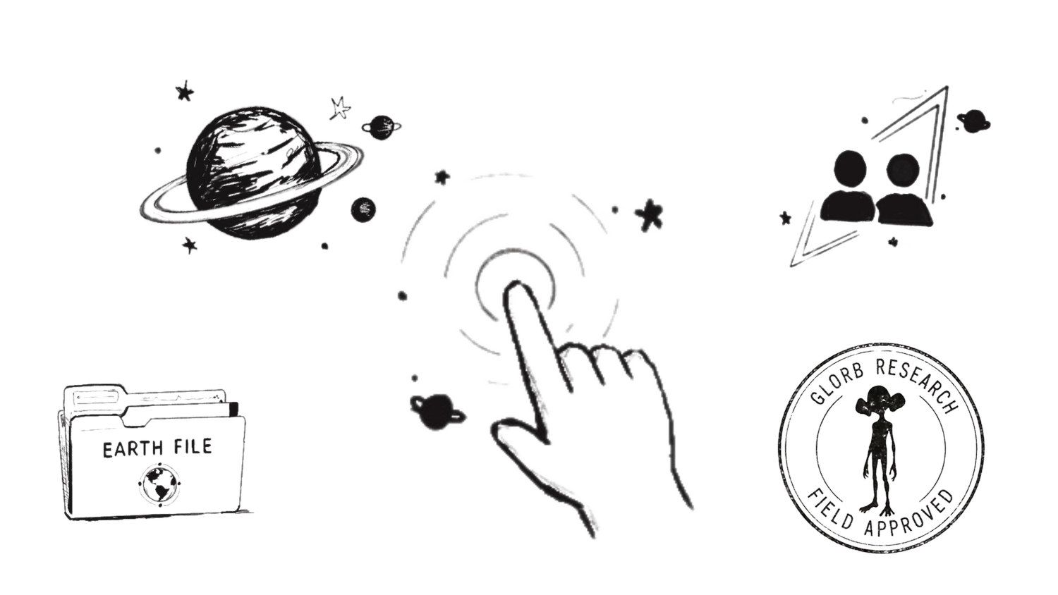 GLORB visual assets including an Earth File, interaction symbol, planet and field-approved research stamp.