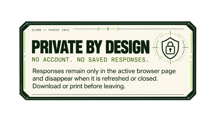 Private by design: no account and no saved responses. Download or print resources before leaving.