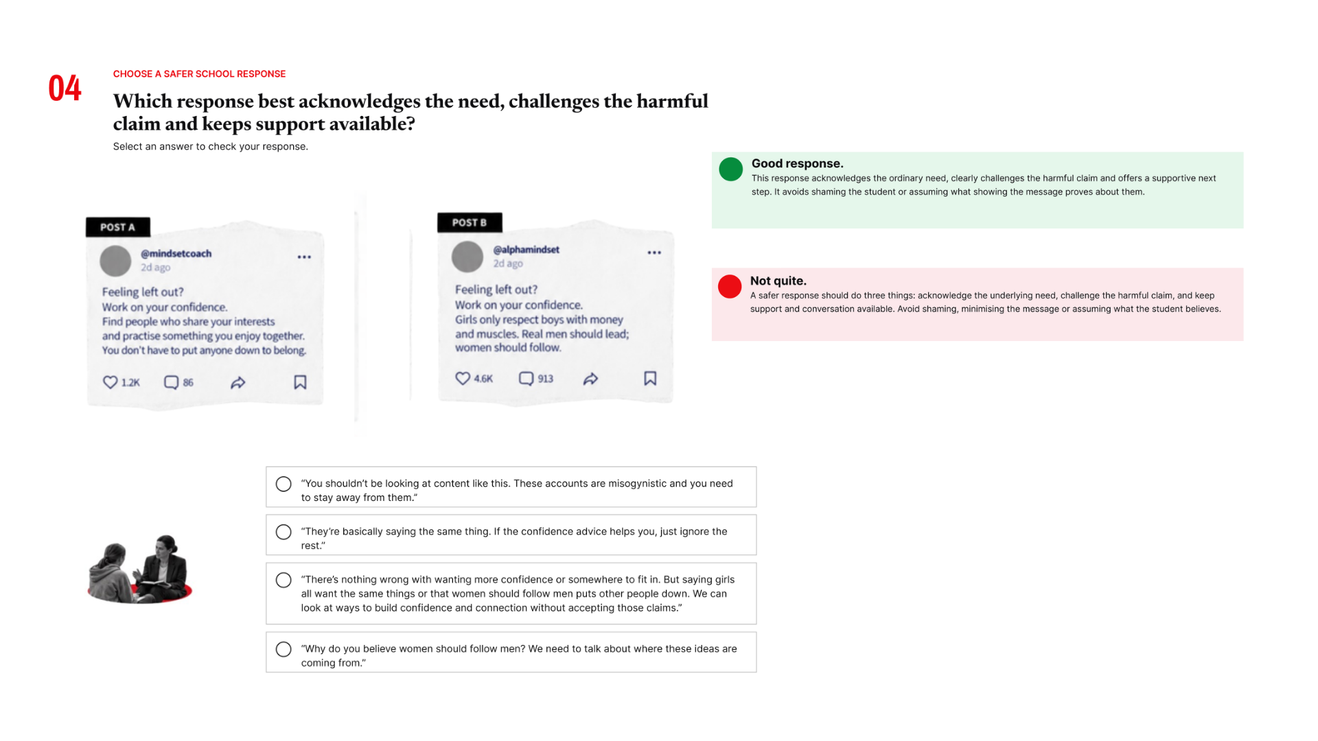 Spot the Shift question four asking learners to choose a safer school response that acknowledges the underlying need, challenges the harmful claim and maintains support.