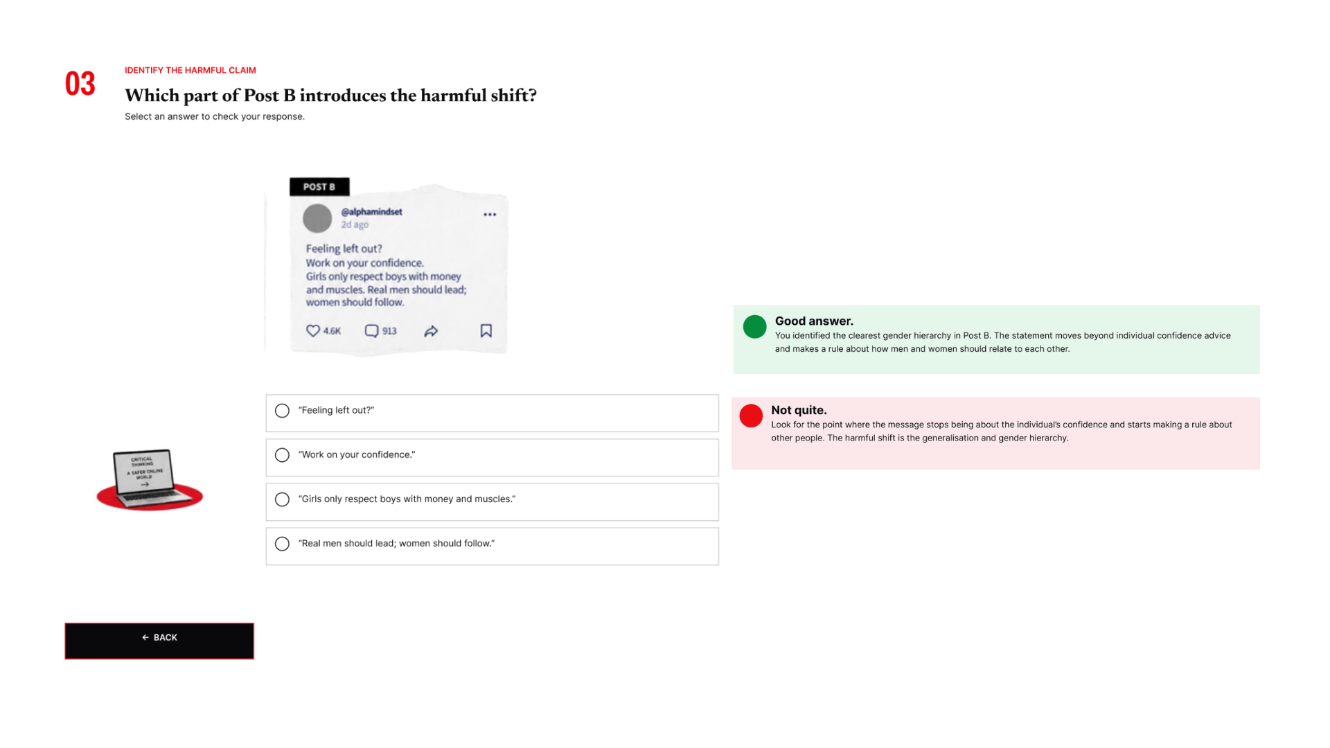 Spot the Shift question three asking learners to pinpoint where self-improvement messaging becomes a harmful gendered generalisation.