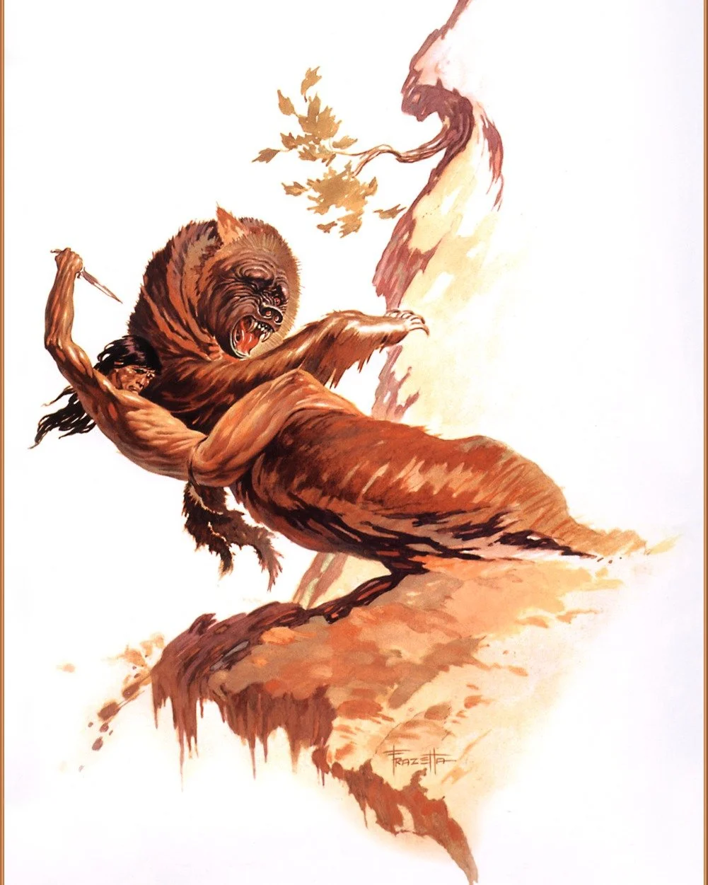 Tarzan at Earths Core
Done by Frazetta in 1963 as a book cover of the same name has a really funny story about it. Like with a lot of his work he waits as long as possible before starting his work and when he finished this oil piece he wanted to try 