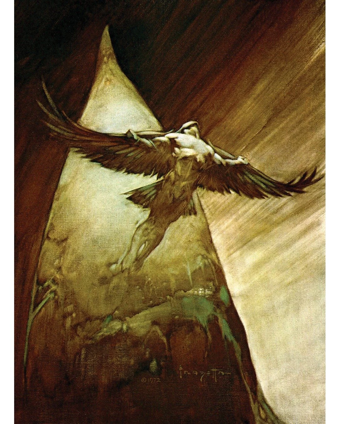 Some more Frazetta works that have a little bit more complexiting with his triangles he did very ofter. 
(Bird Man, Mammoth, Eternal Champion)
The Mammoth was the most mind blowing one I have everseen in how perfectly it all lines up together.
#frank