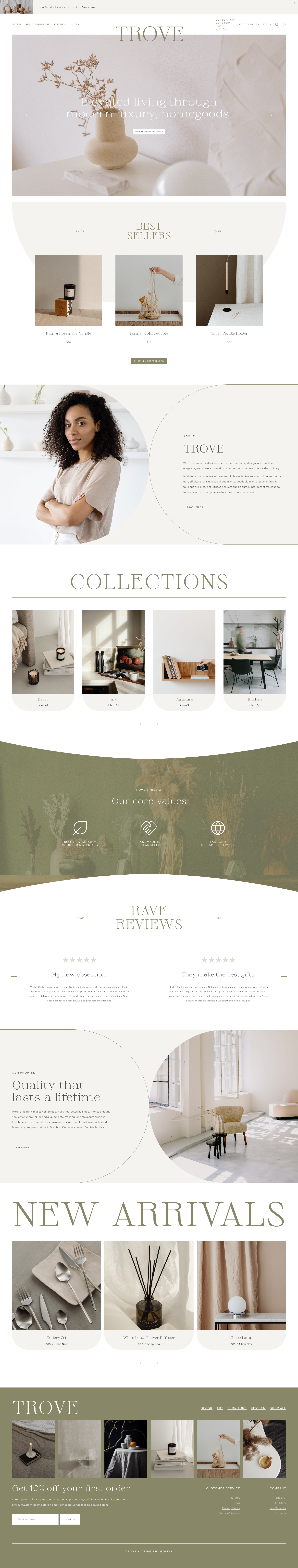 Decorative home interior website homepage featuring a neutral palette, minimalist furniture, and home decor items.