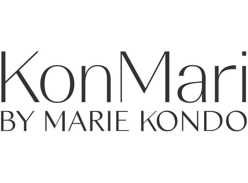 Logo for KonMari by Marie Kondo, featuring text in black and gray.
