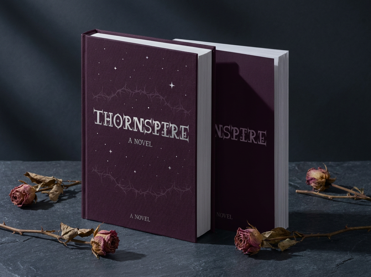 Two purple hardcover books titled "Thornspere: A Novel" placed on a dark surface, surrounded by dried pink roses and thorns.