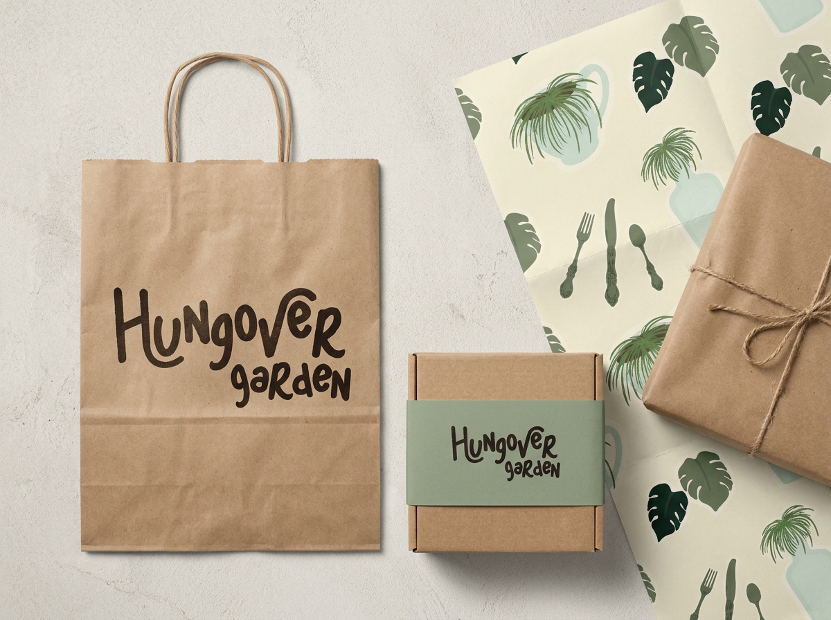 A brown paper shopping bag with "Hungover garden" written on it, a small cardboard box with a label reading "Hungover garden," and a wrapped gift. The background features tropical leaf and plant illustrations.