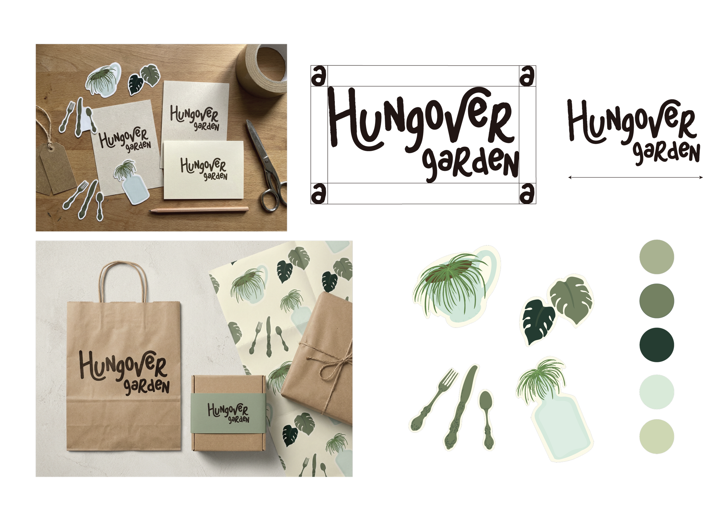 Flat lay of gardening supplies and packaging with stickers, paper bags, boxes, and tissue paper, all themed for a garden or plant shop called "Hungover Garden".