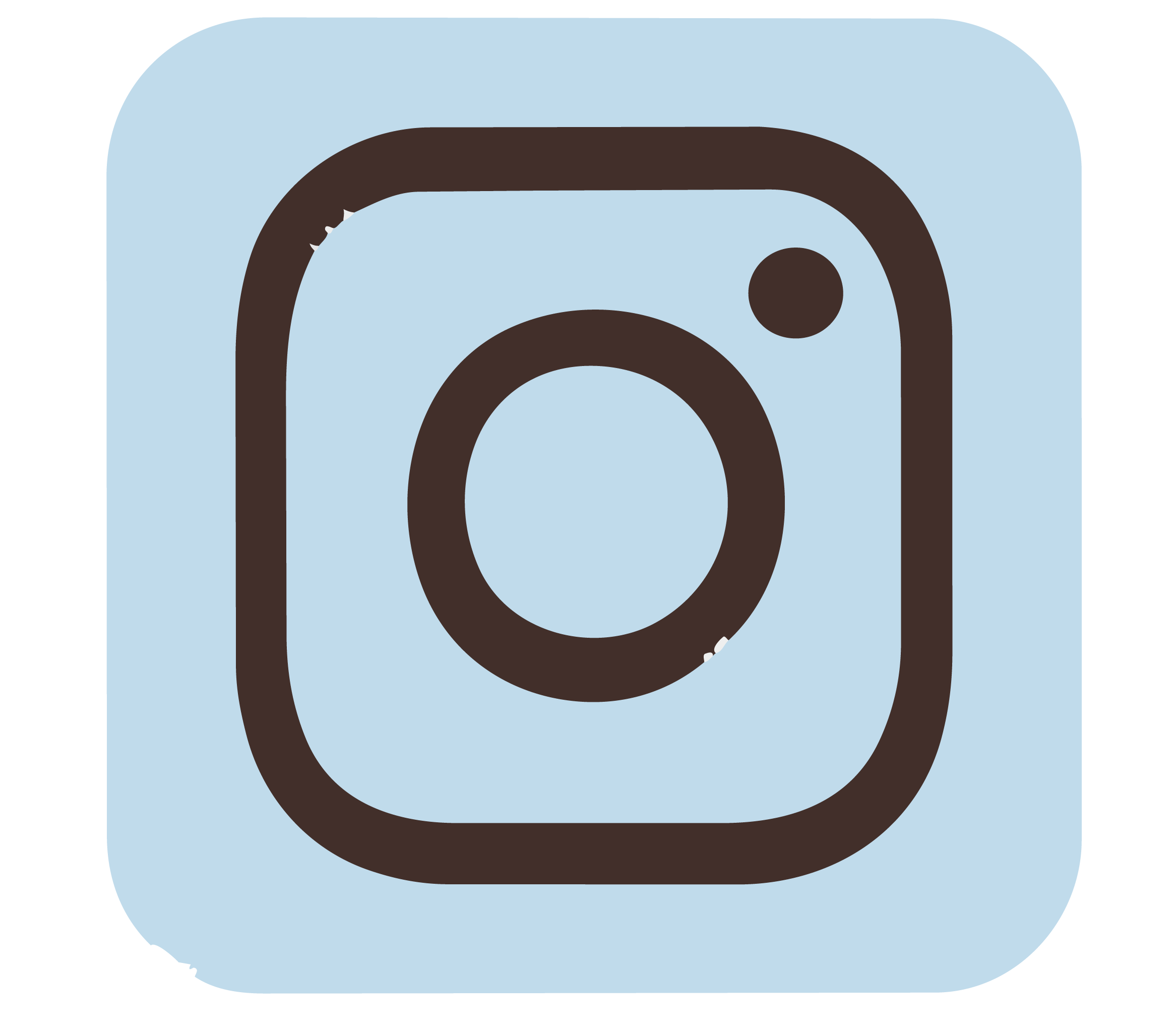 Instagram logo with a blue background and a stylized camera icon in brown.
