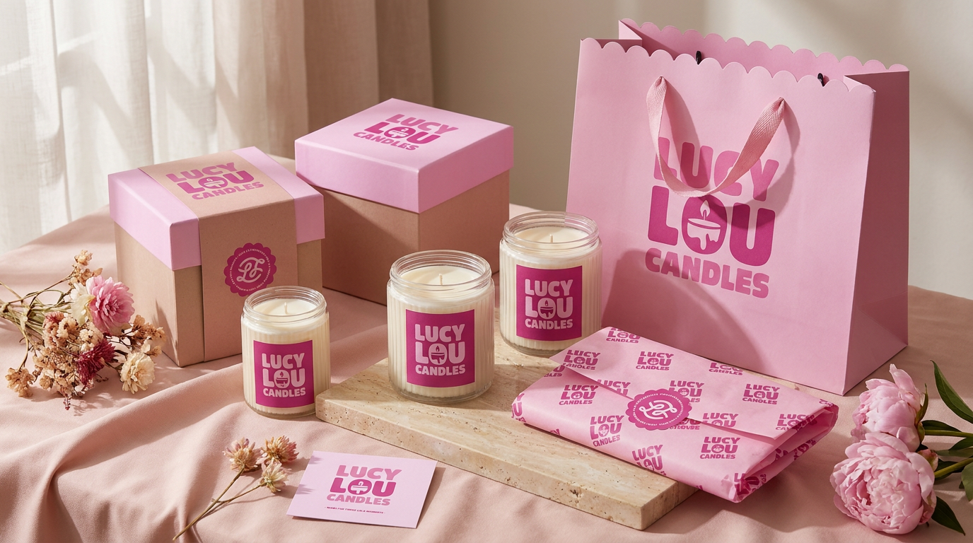 A pink gift bag with handles, pink and beige boxes, and three candles all branded 'Lucy Lou Candles' on a pink tablecloth, framed by pink flowers.
