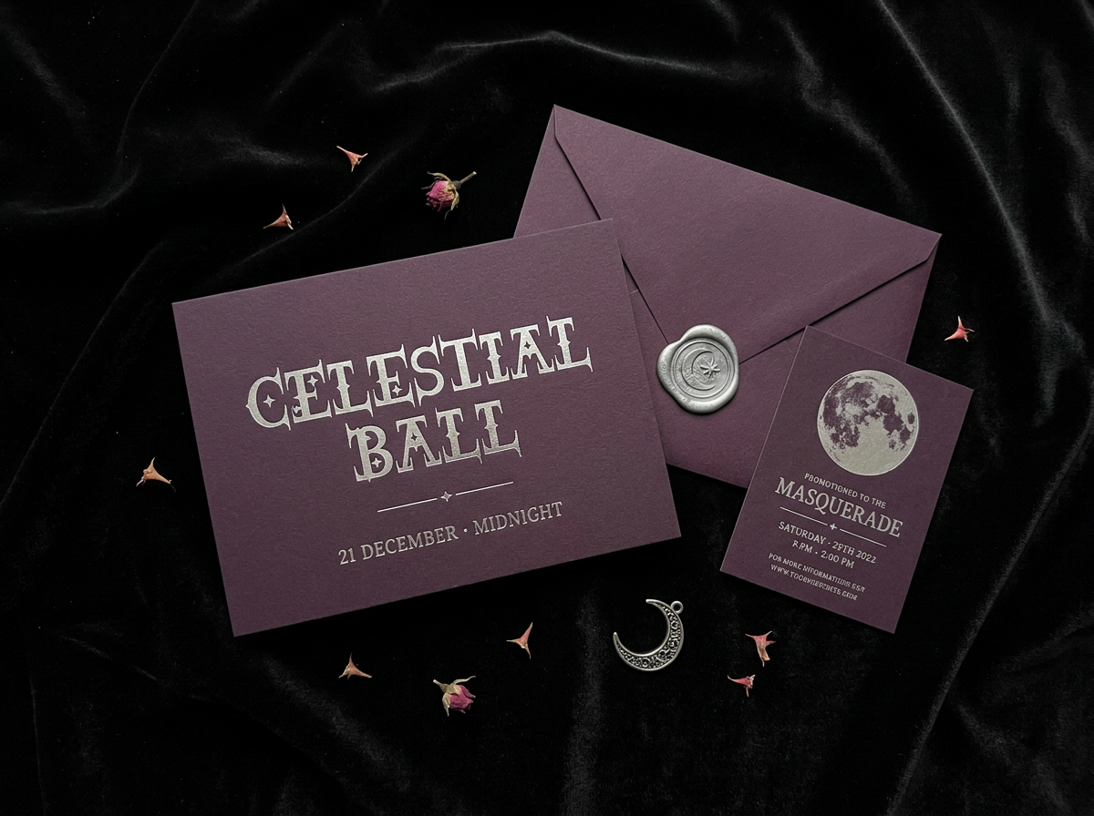 Purple celestial-themed invitation cards with a moon illustration, a silver wax seal, and a moon charm, surrounded by dried pink flowers on black velvet fabric.