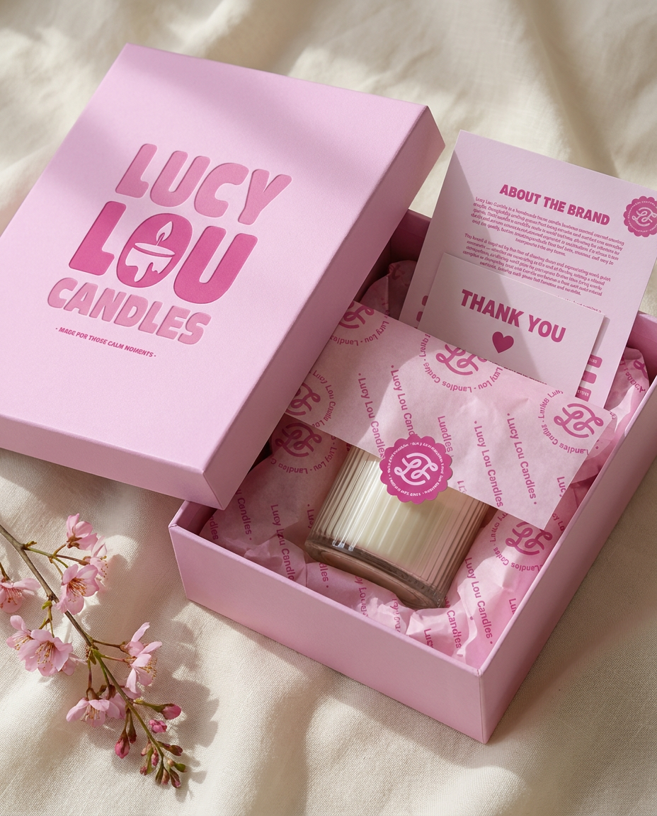 A pink gift box labeled 'Lucky Lou Candles' with candles, thank you note, and informational card inside, resting on a light-colored fabric surface with a small branch of pink flowers nearby.