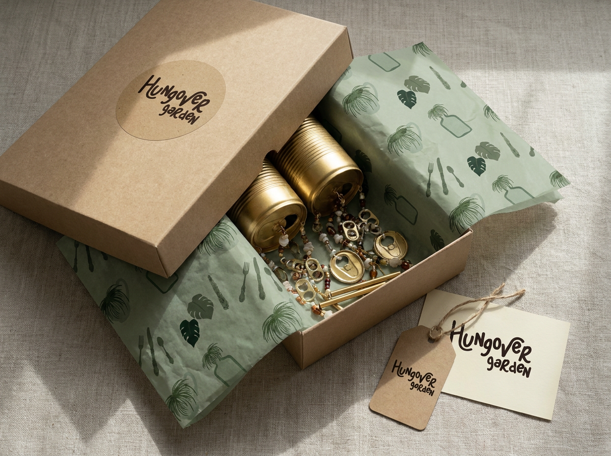 An open gift box labeled "HUNGOver garden" containing gold canisters filled with jewelry, including earrings, necklaces, and chains, with green and white patterned tissue paper lining the box.