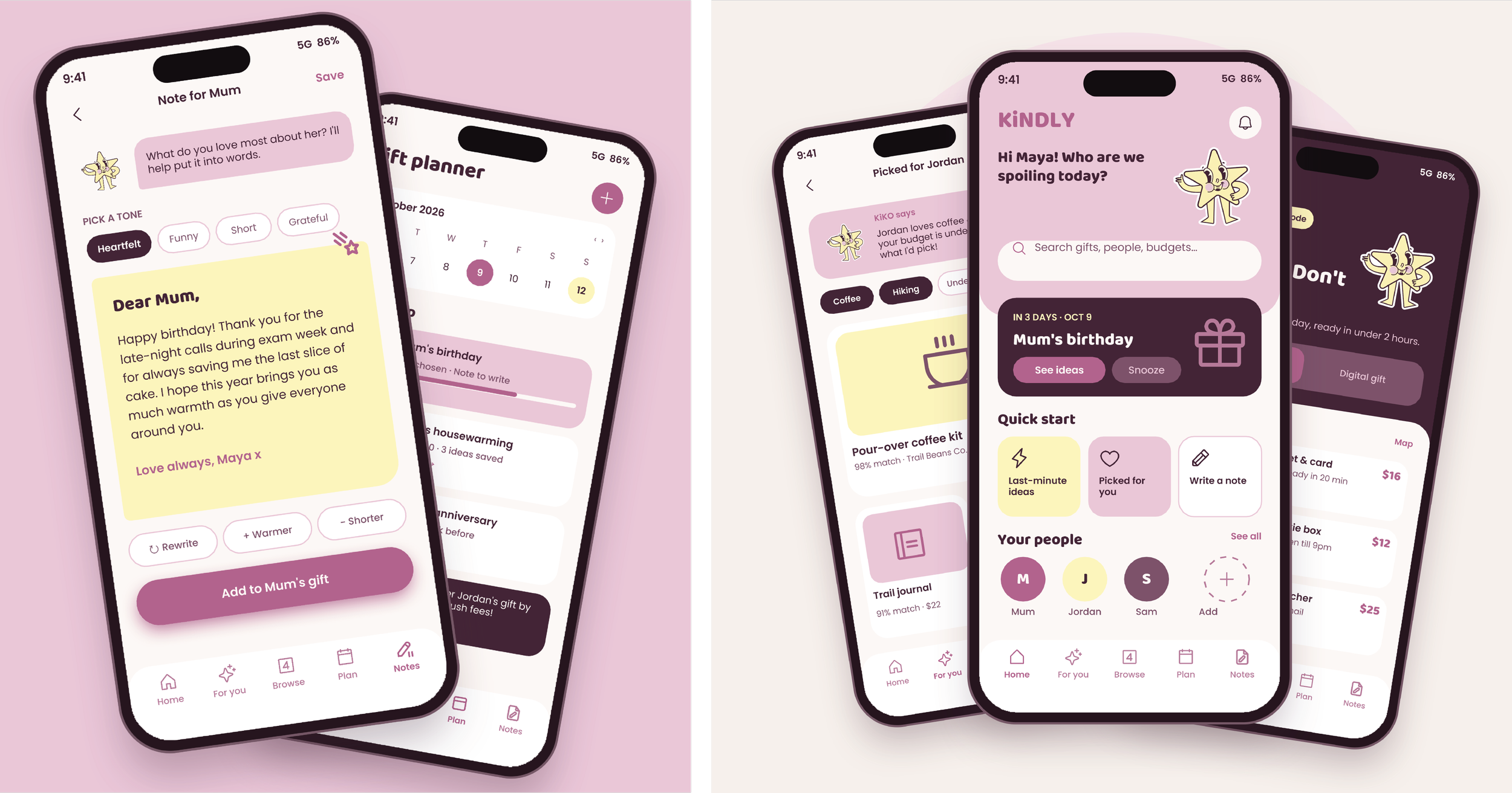 Image of four smartphone screens with a pink background, displaying a gift planning and note-taking app. The app screens show messages, calendars, gift ideas, and notes related to someone's birthday and gift planning.