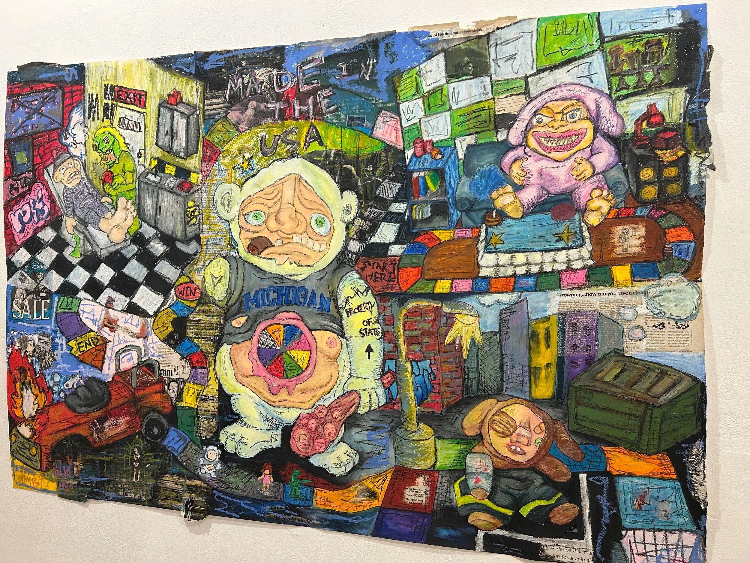 Product Of (From Selves Thesis Project)
(73”x29”)
Oil Pastel & Collage on Watercolor Paper 
(2026)

