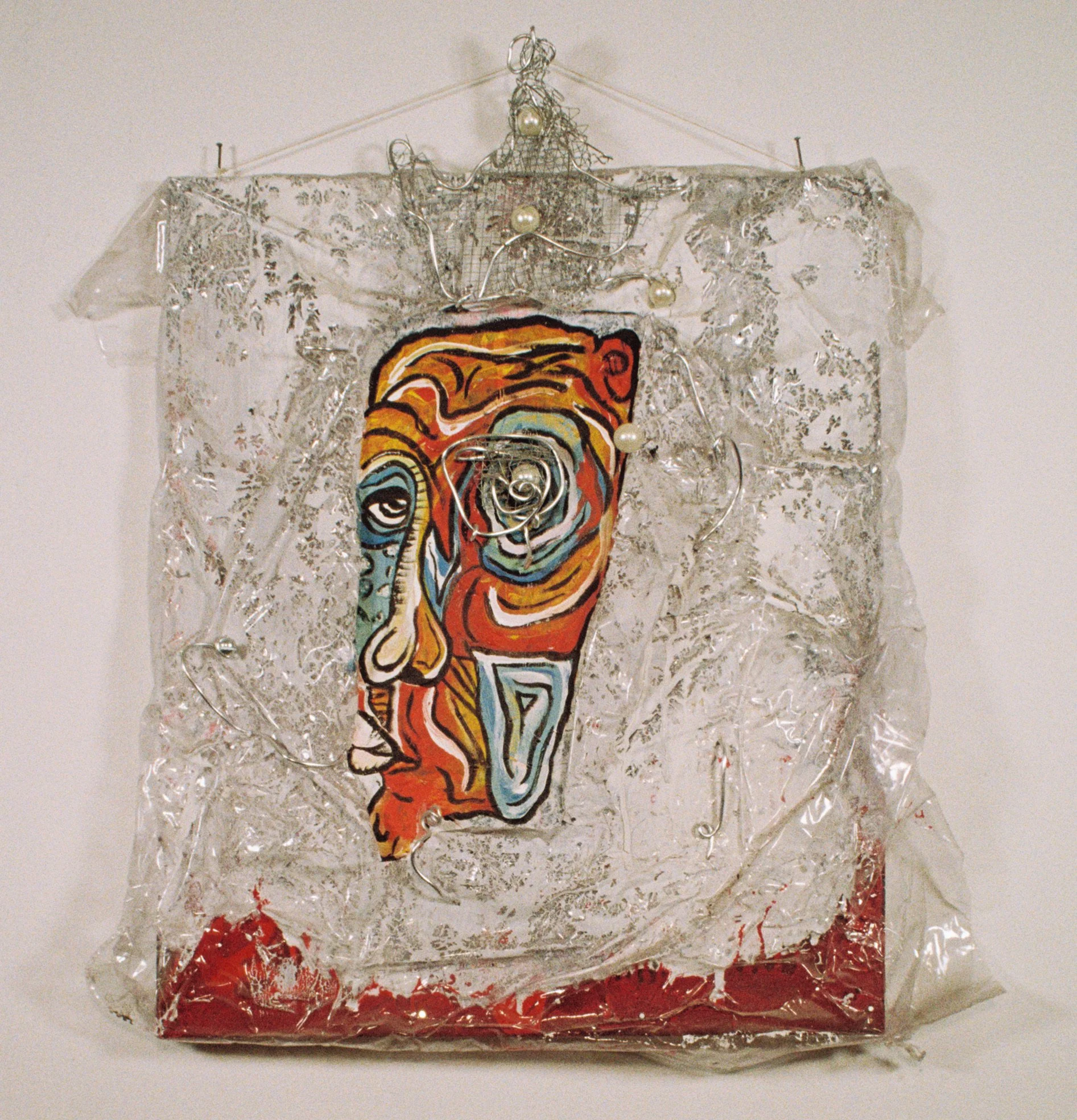 Untitled Painting #3
(20"x 24")
Acrylic on Canvas with Salvaged Shower Curtain/Salvaged Chicken Wire/Faux Pearls/Nails/Jewelry Wire
(2020)