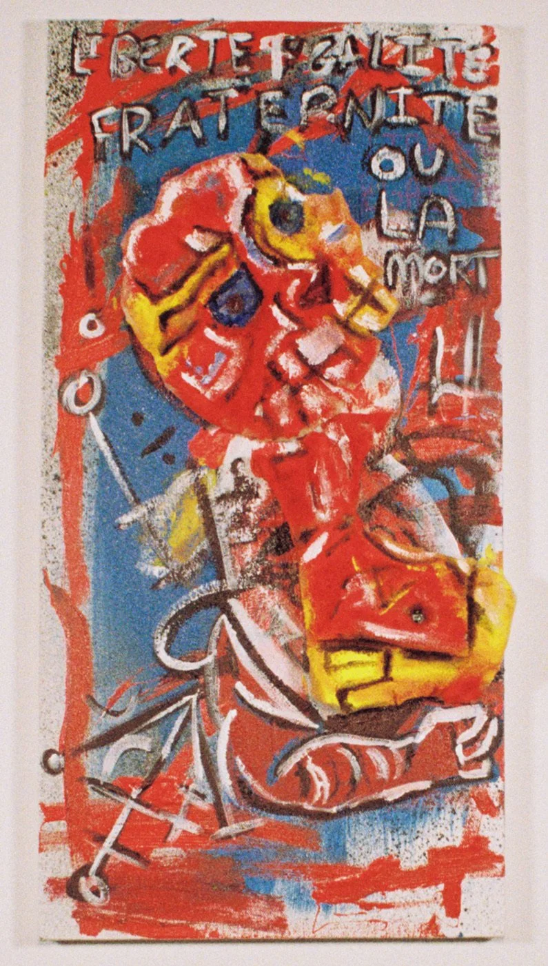 Ou La Mort 
(12"x 24")
Acrylic Paint 
on Canvas with Salvaged Mattress Foam, Sand, Screws
(2021)
