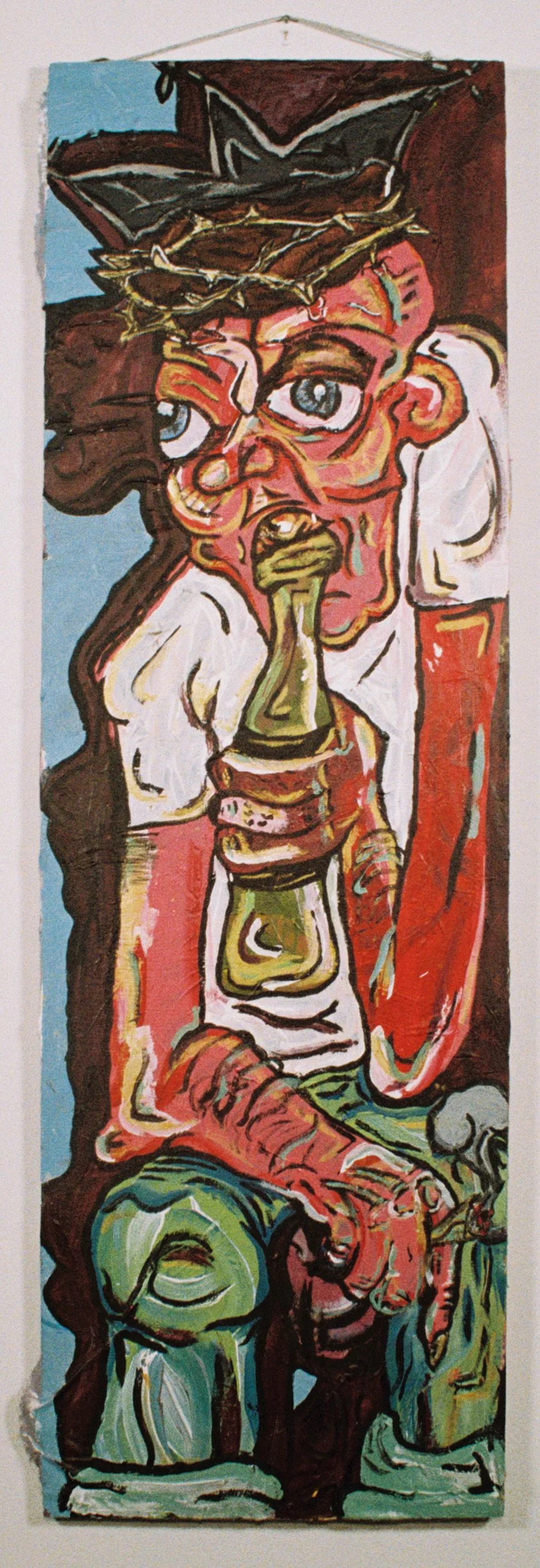Untitled Painting #4 (Skinny Man)
(12.5"x 40")
Acrylic & Oil Paint on Linen & Wood 
Note: Salvaged Wood
(Wood panel salvaged from broken bed frame)
(2021)
