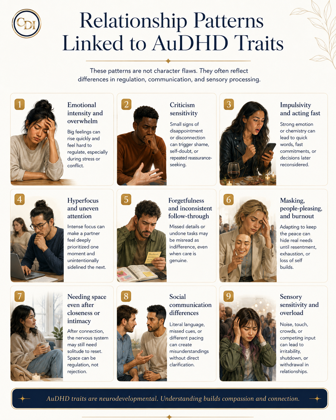 Infographic on nine AuDHD relationship patterns and ways partners can support communication, intimacy, and sensory needs.