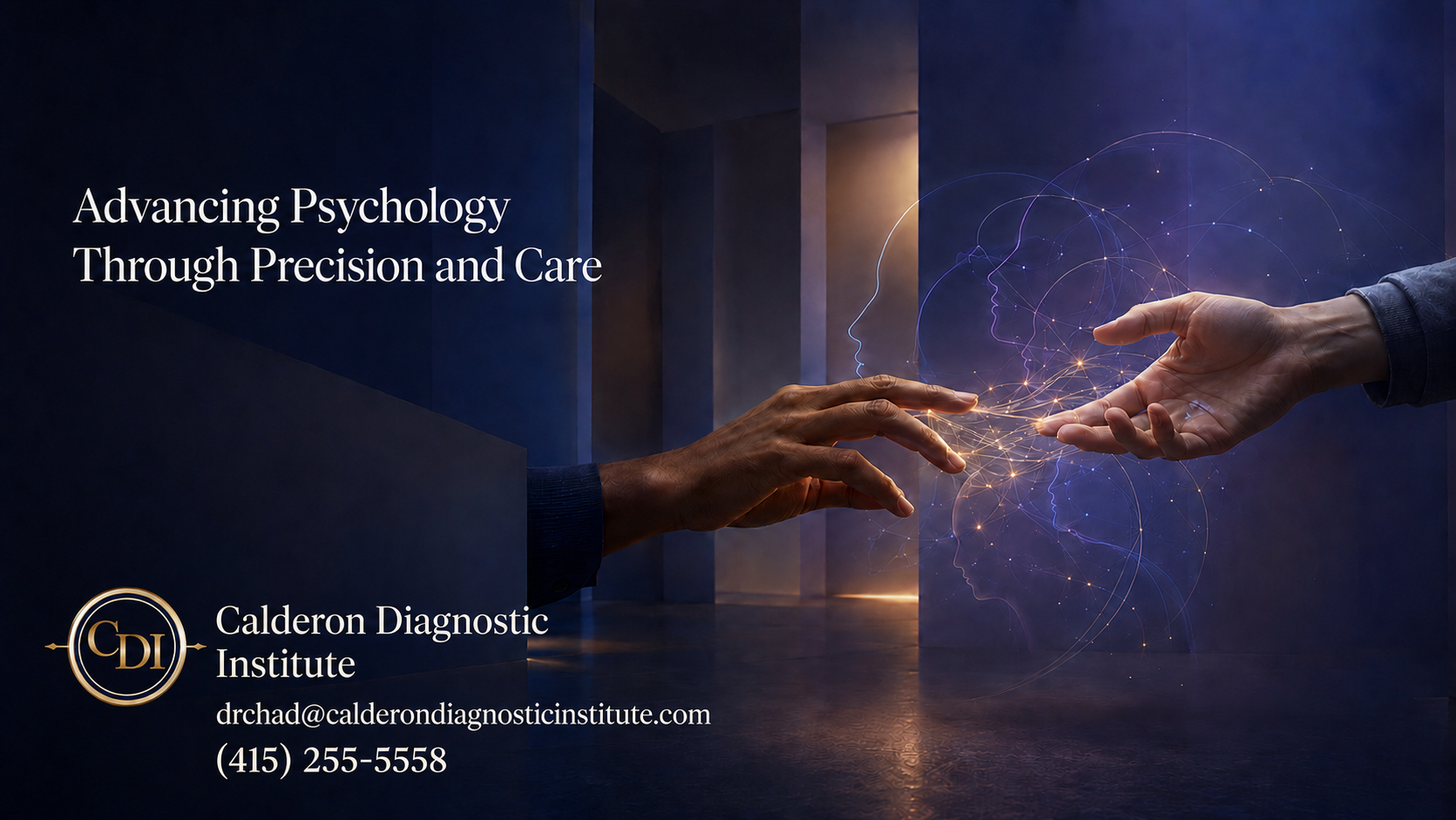 Two hands reaching through glowing neural connections, symbolizing precise, compassionate psychological evaluation and precision psychodiagnostics at Calderon Diagnostic Institute.
