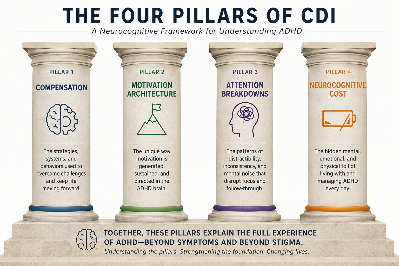 Infographic by Calderon Diagnostic Institute showing Dr. Chad Calderon’s four pillars of comprehensive ADHD assessment: Compensation, Motivation Architecture, Attention Breakdowns, and Neurocognitive Cost.