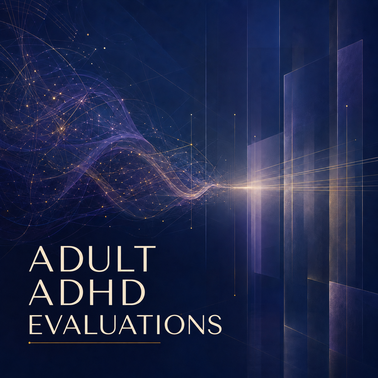 Navy and gold abstract graphic representing comprehensive adult ADHD evaluations Calderon Diagnostic Institute.