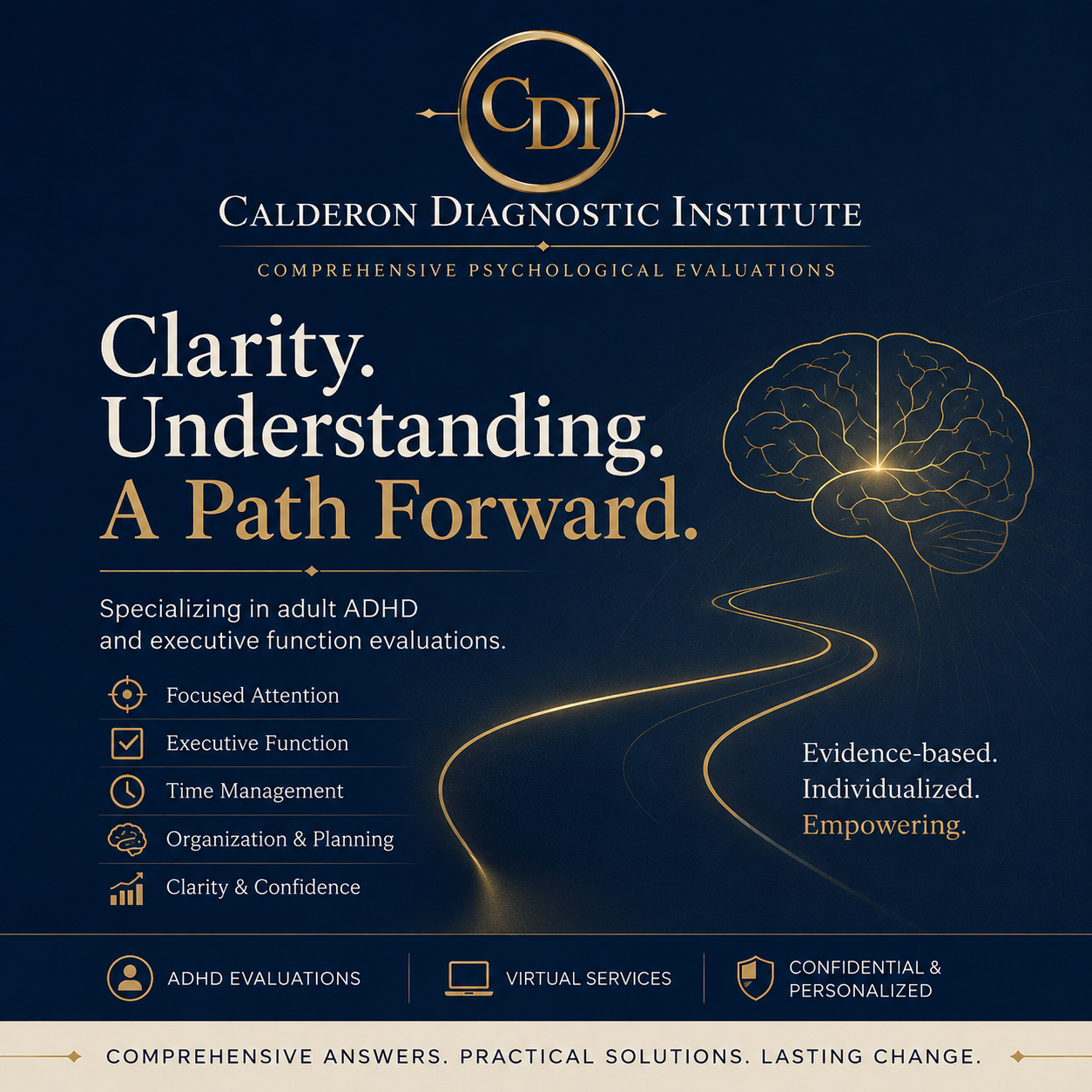 Adult ADHD evaluation graphic from Calderon Diagnostic Institute highlighting attention, executive function, time management, organization, planning, and virtual psychological evaluations in California, Colorado, and North Dakota.