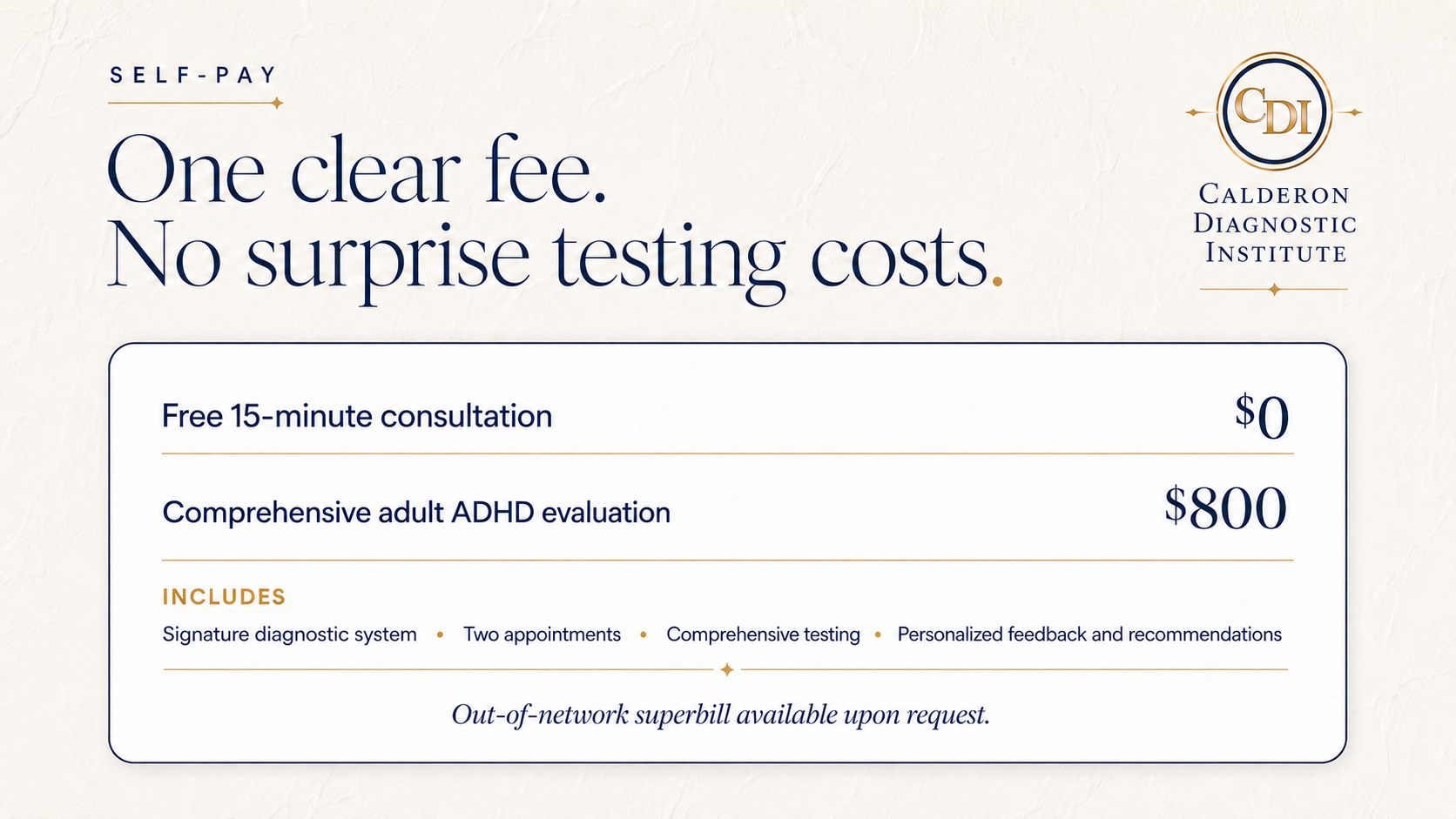 Self-pay pricing for a comprehensive adult ADHD evaluation at Calderon Diagnostic Institute.