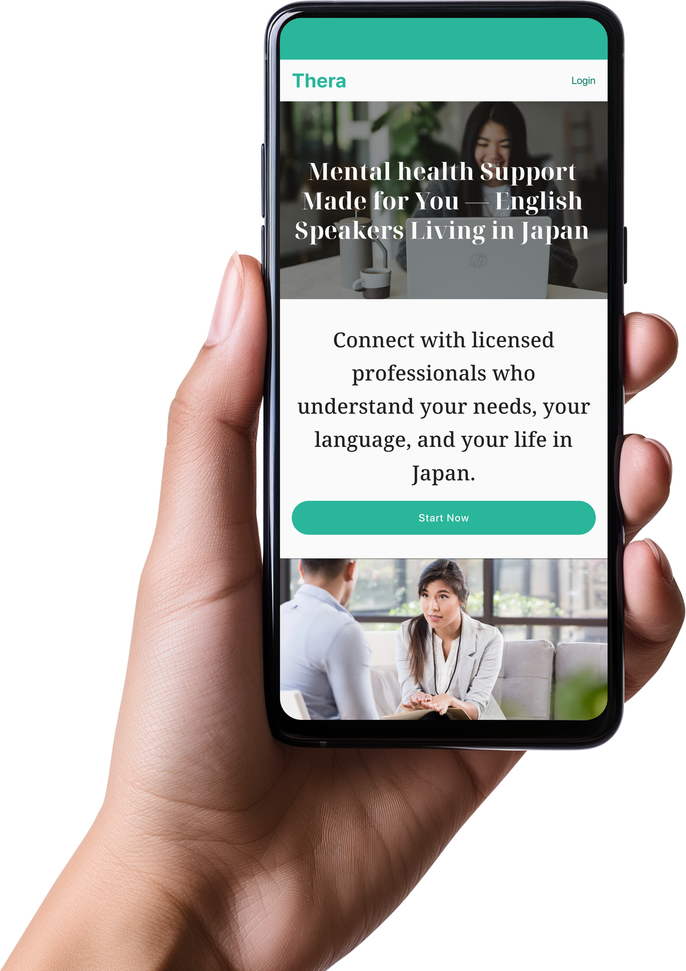 スマートフォンの画面に、医療やカウンセリングのオンラインサービスの紹介ページが表示されている。ページには、女性と男性が対面で会話している写真と、「Thera」、「Mental health Support Made for You - English Speakers Living in Japan」といったテキストが見える。