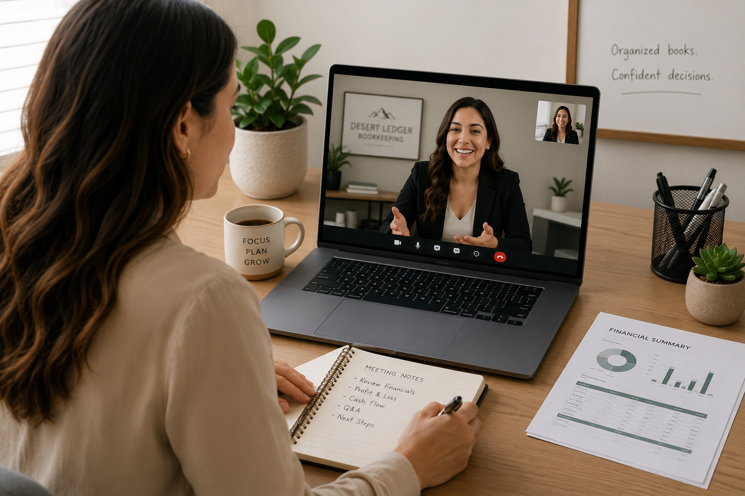 Woman with long brown hair in a beige blazer participating in a virtual meeting at her desk, with a laptop showing a woman in a business suit speaking. Her desk has a coffee mug, a notebook with handwritten notes, printed financial documents, and potted plants.