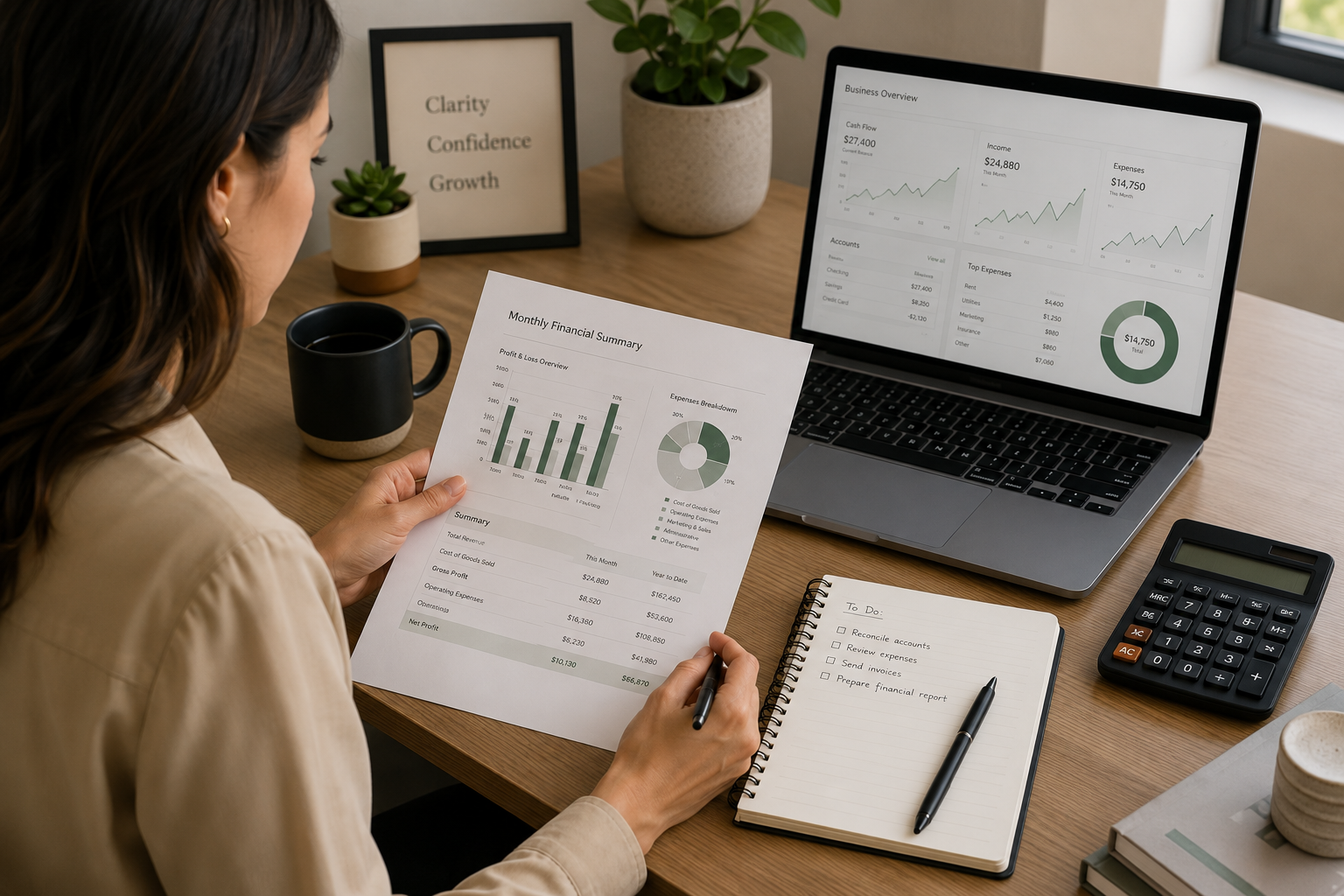 Woman analyzing financial documents at a desk with a laptop, calculator, cup of coffee, and potted plants.